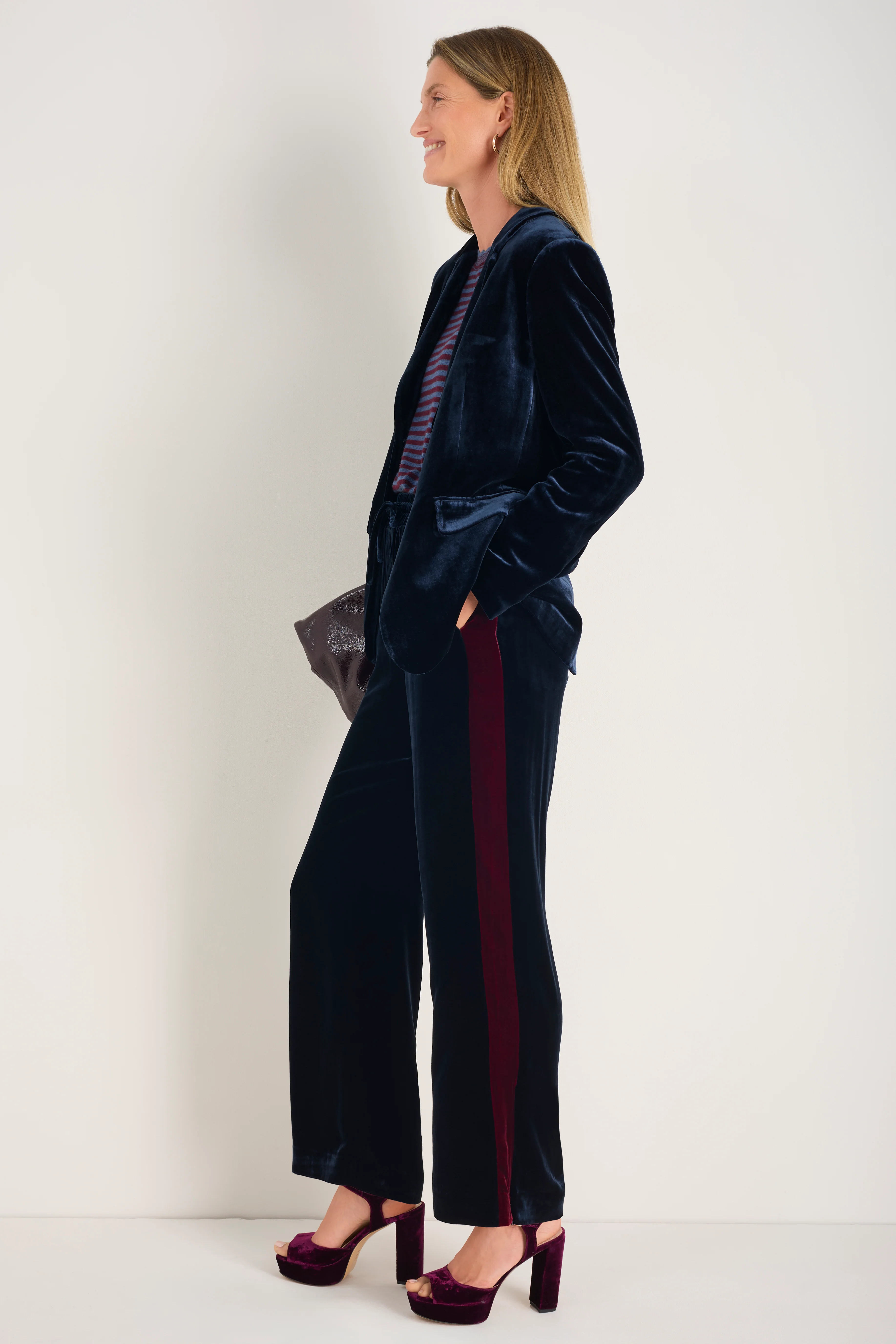 Aurora Silk Velvet Trouser - Midnight/Plum Stripe - Image 5