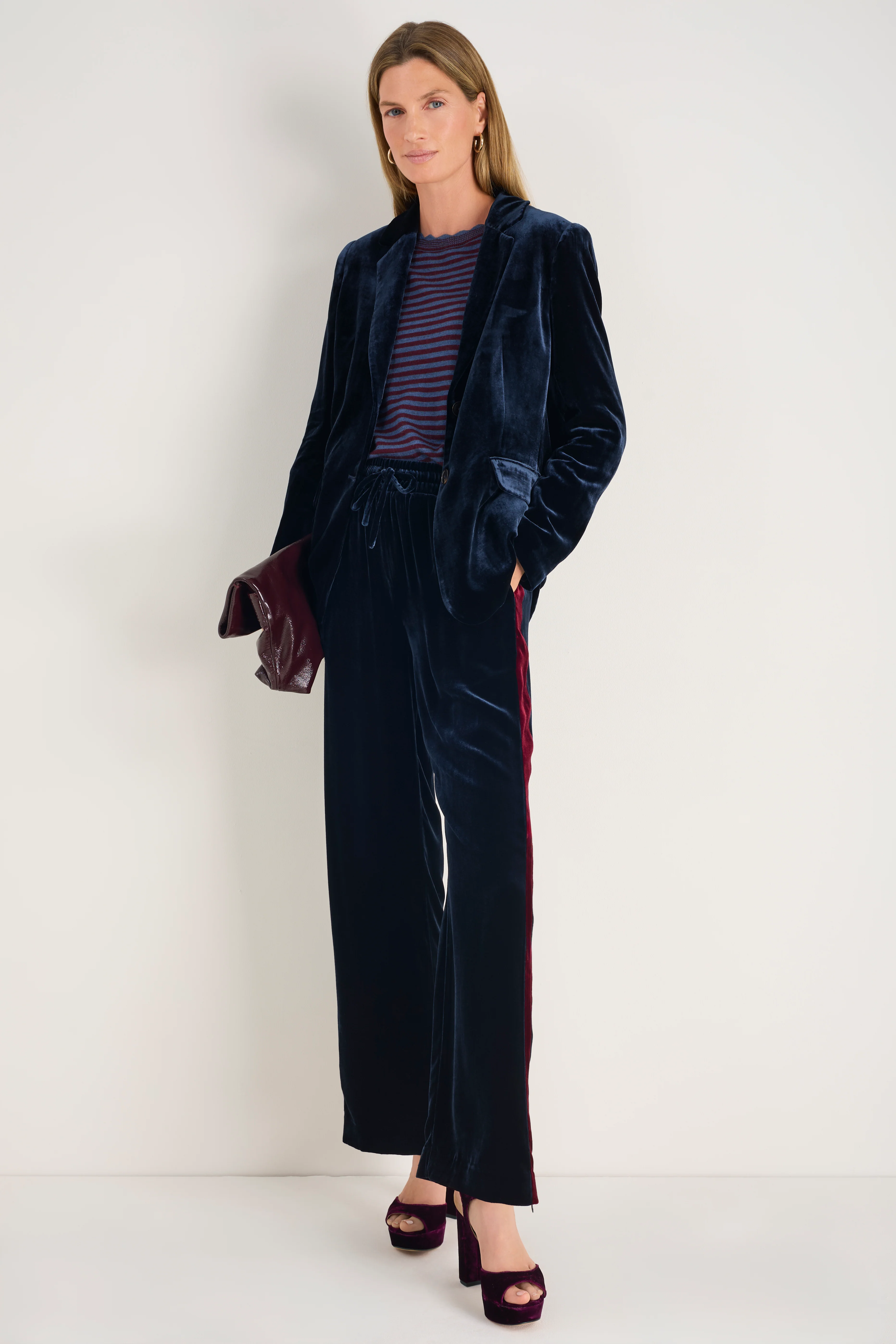 Aurora Silk Velvet Trouser - Midnight/Plum Stripe - Image 6