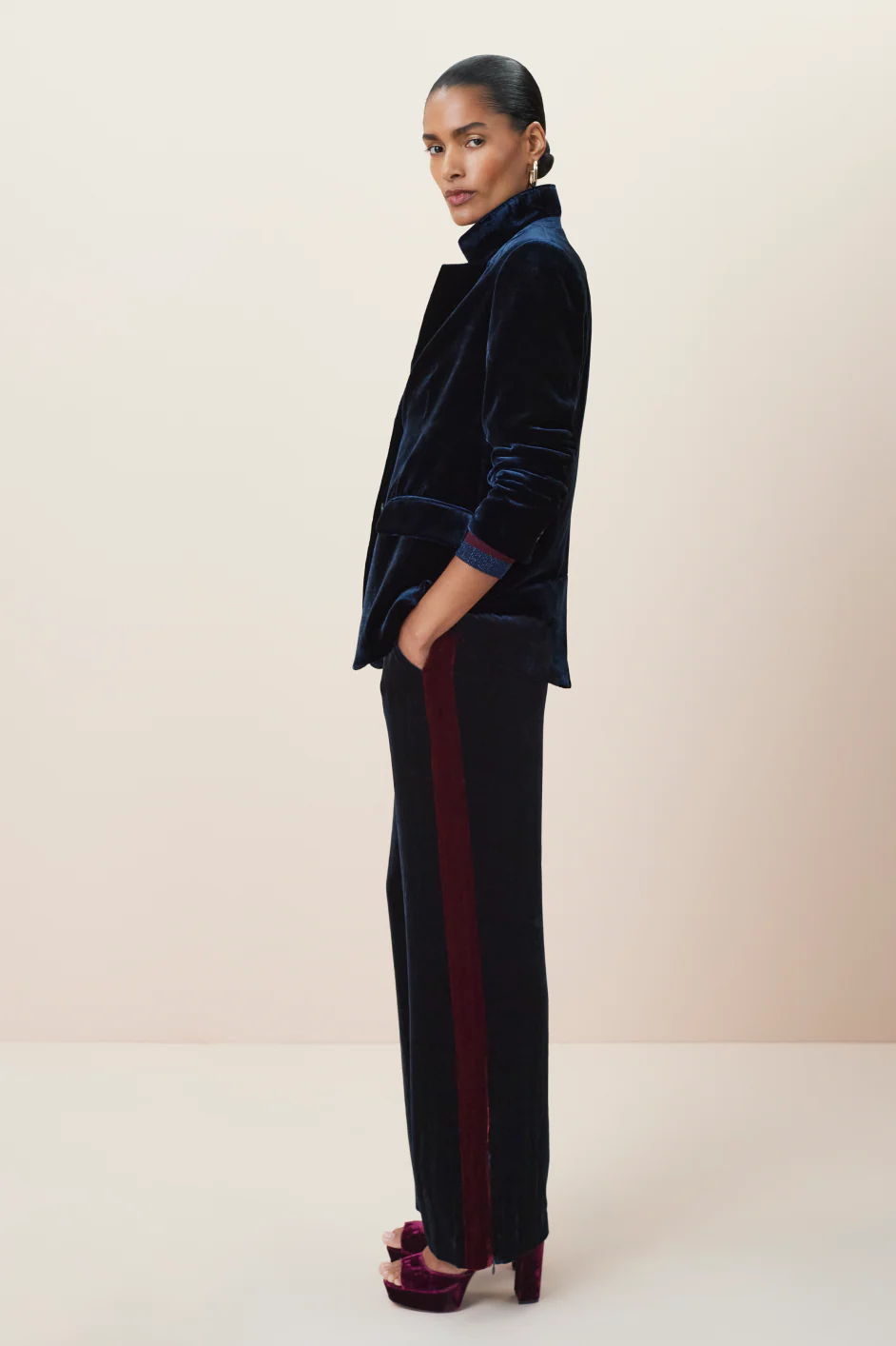 Aurora Silk Velvet Trouser - Midnight/Plum Stripe - Image 8