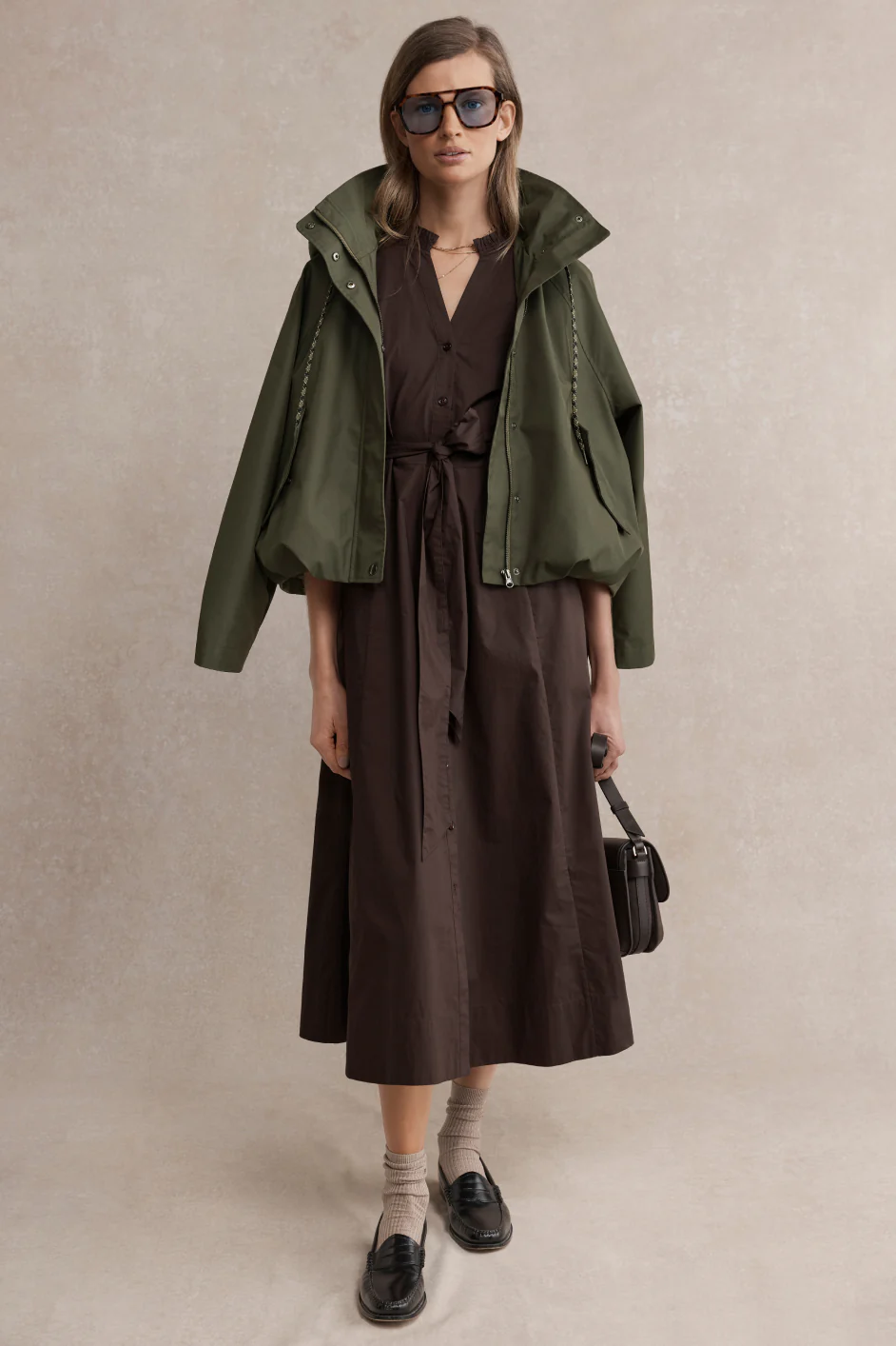 Billie Funnel Hooded Bomber Jacket - Soft Khaki - Image 8