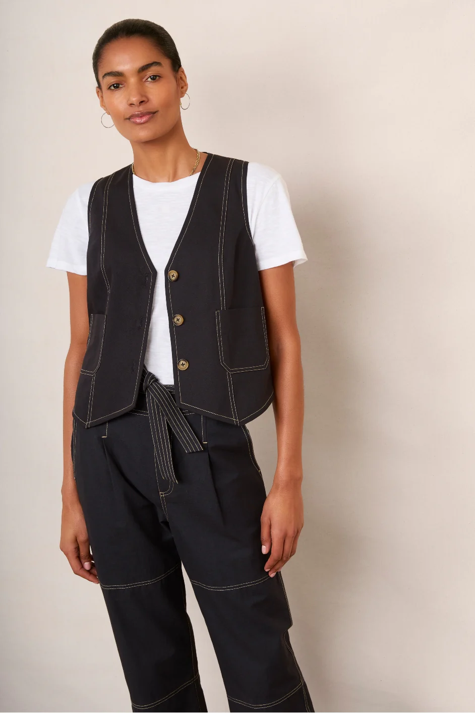 Cara Cotton Top Stitch Waistcoat - Washed Black - Image 3