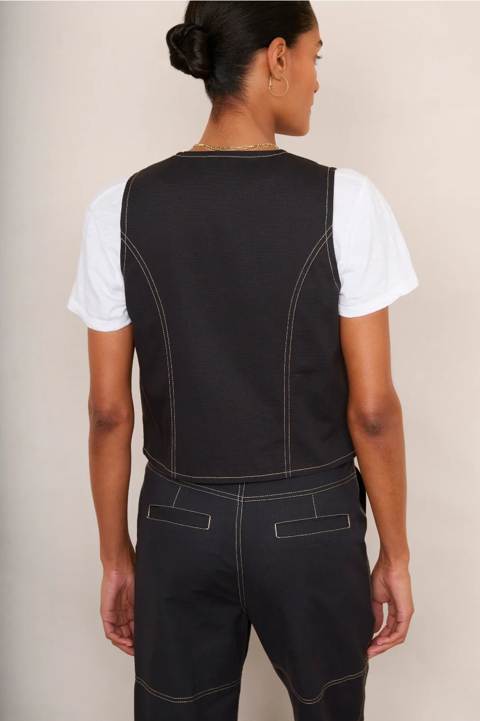Cara Cotton Top Stitch Waistcoat - Washed Black - Image 4