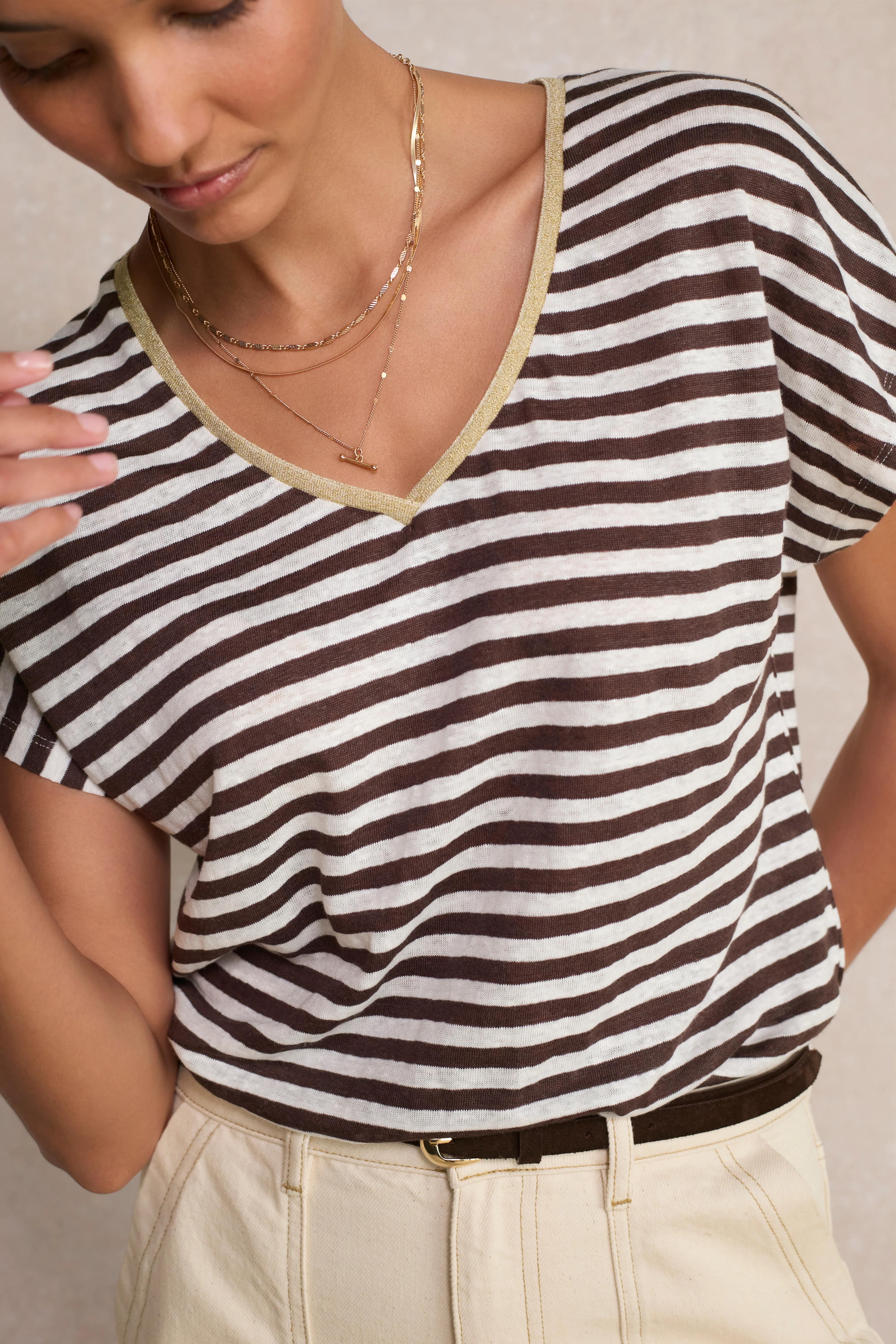 Chiara Linen V Neck Tee - Chocolate/Ivory Stripe - Image 2