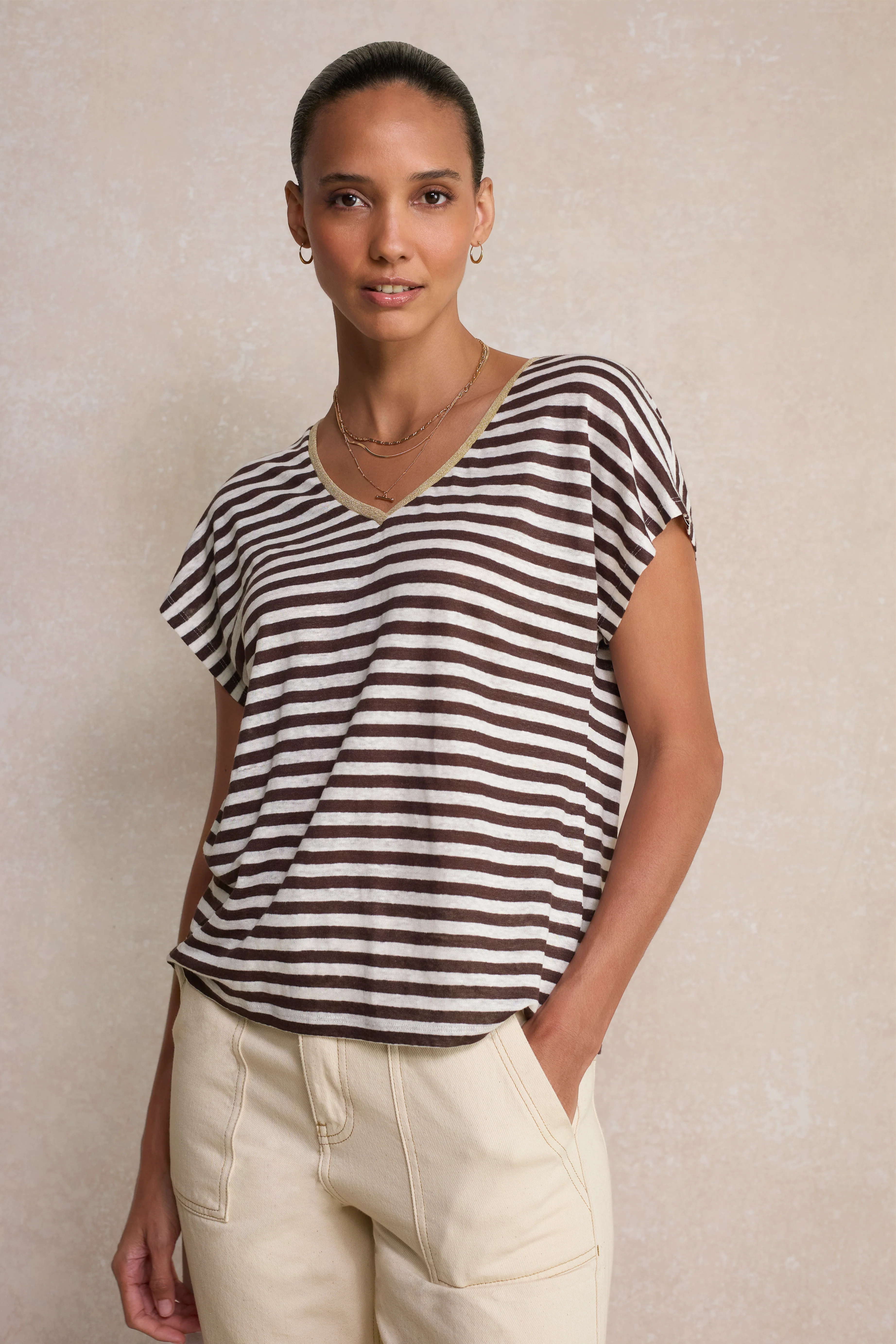 Chiara Linen V Neck Tee - Chocolate/Ivory Stripe - Image 3