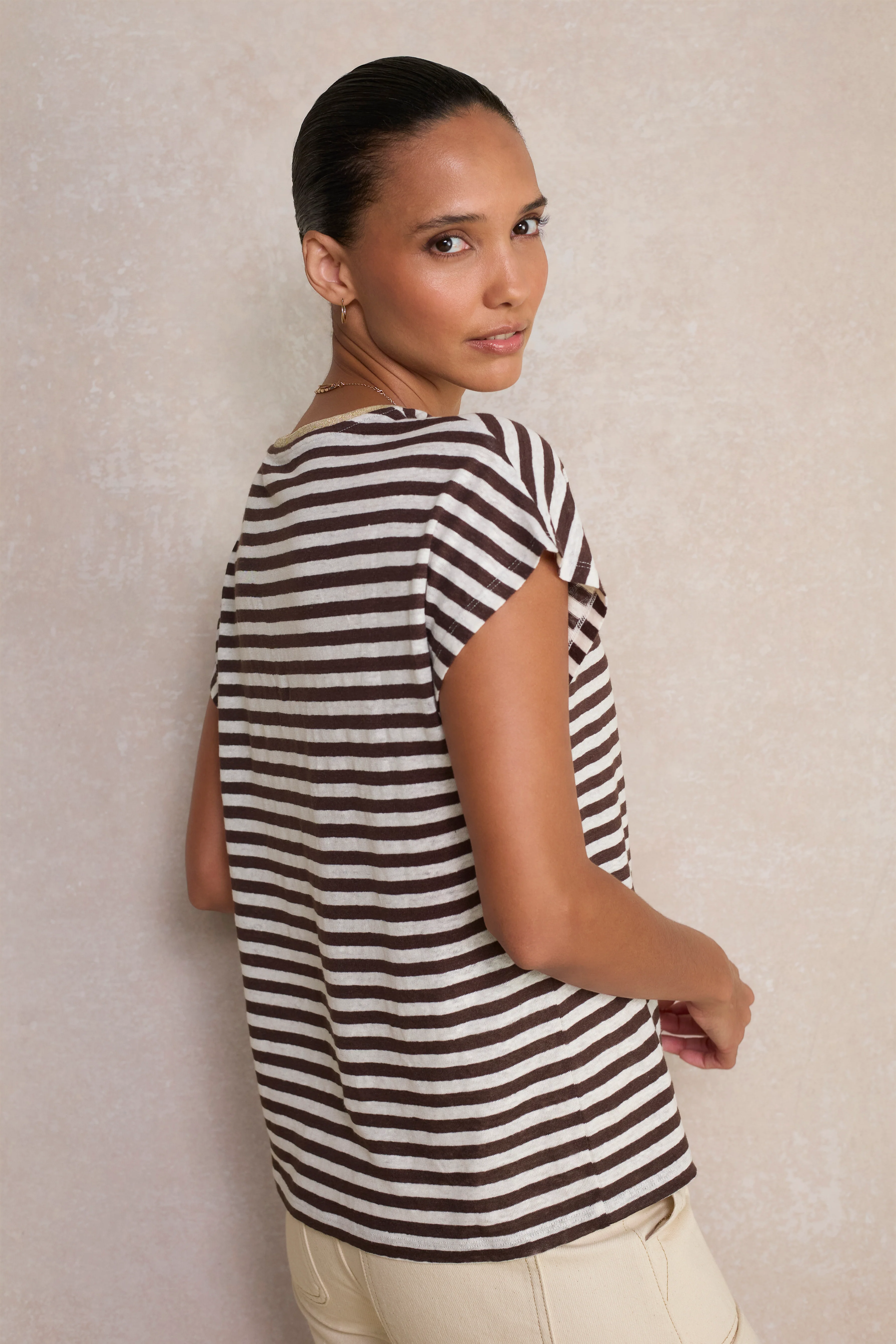 Chiara Linen V Neck Tee - Chocolate/Ivory Stripe - Image 4