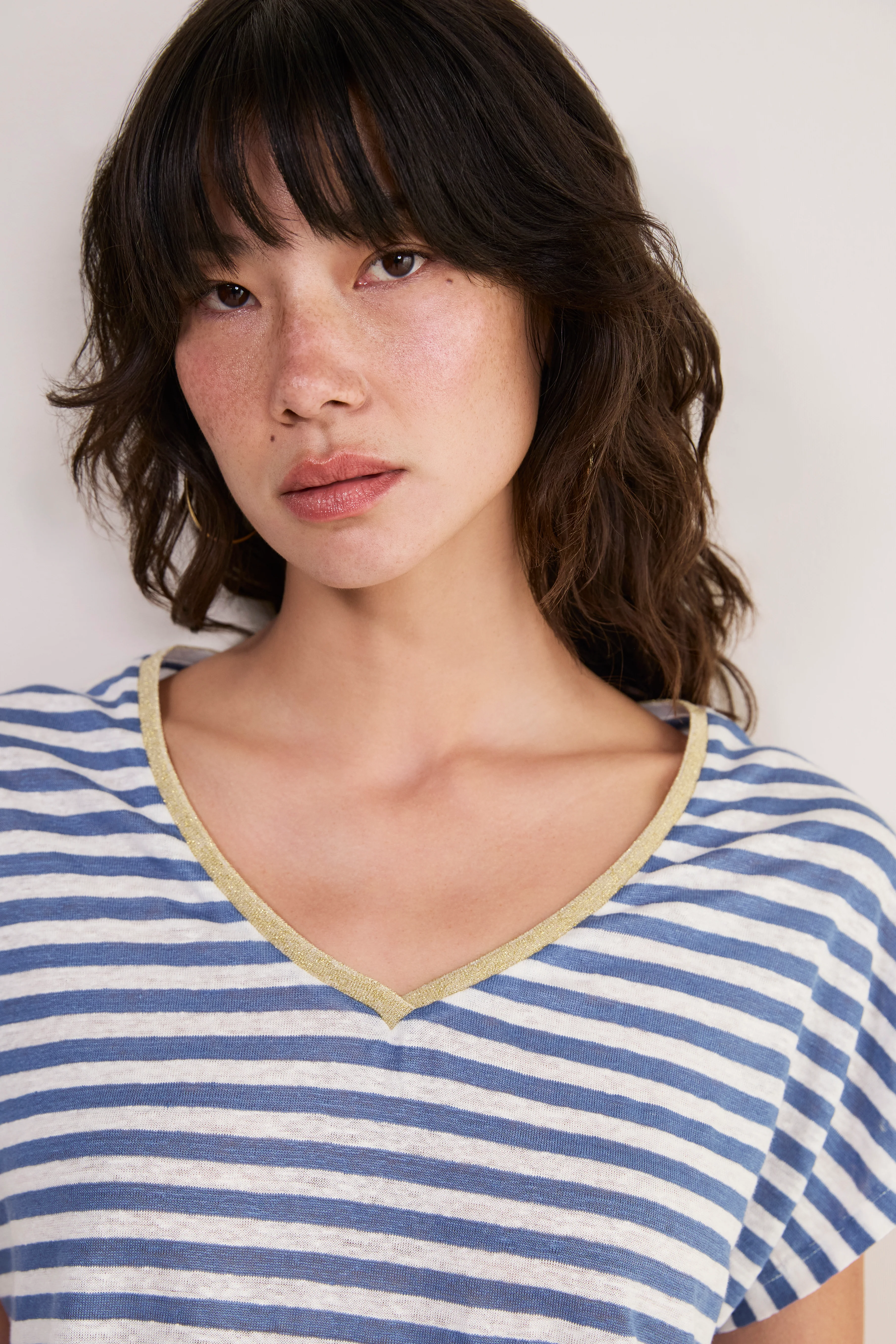 Chiara Linen V Neck Tee - Denim Blue/Ivory Stripe - Image 2