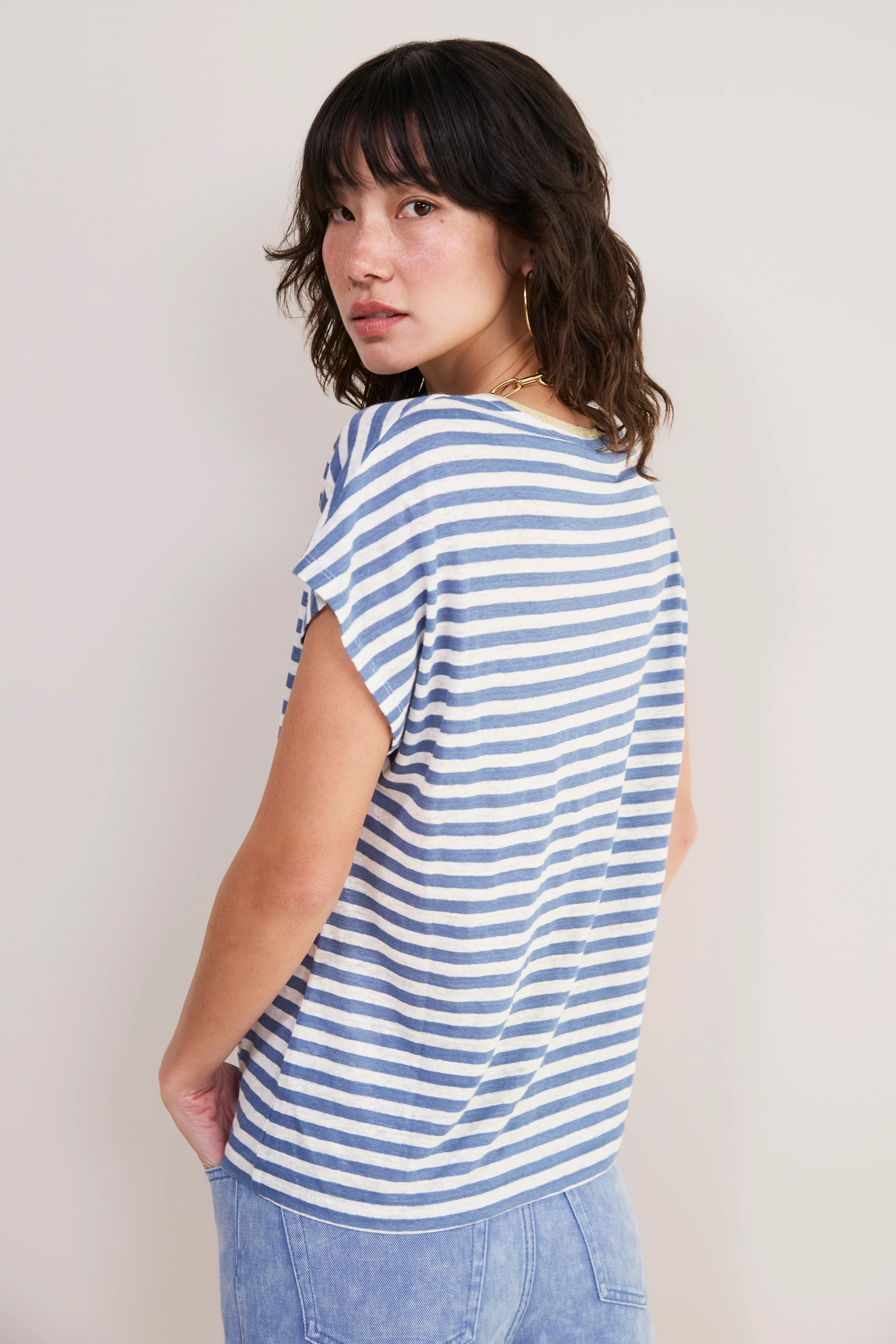 Chiara Linen V Neck Tee - Denim Blue/Ivory Stripe - Image 3