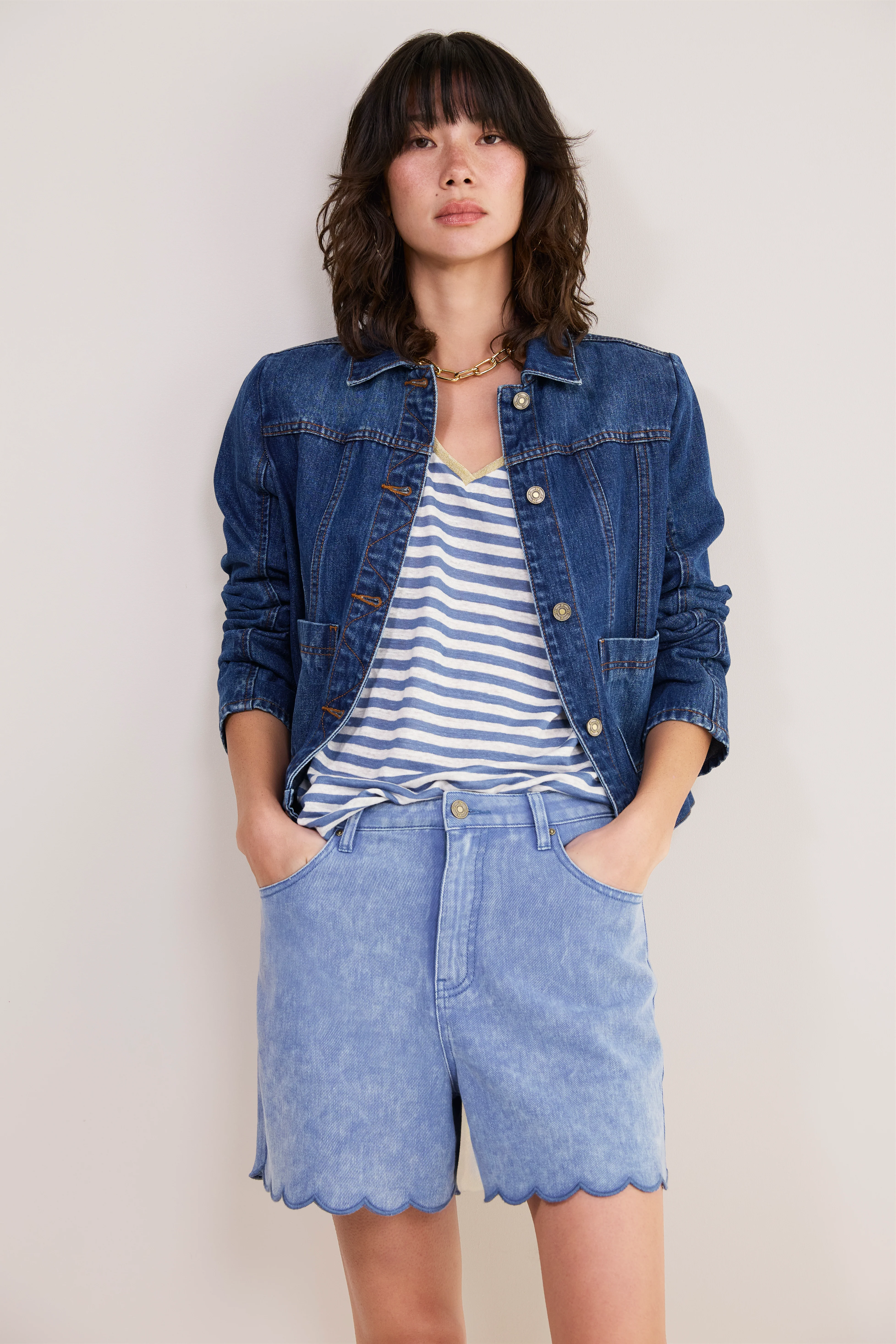 Chiara Linen V Neck Tee - Denim Blue/Ivory Stripe - Image 4