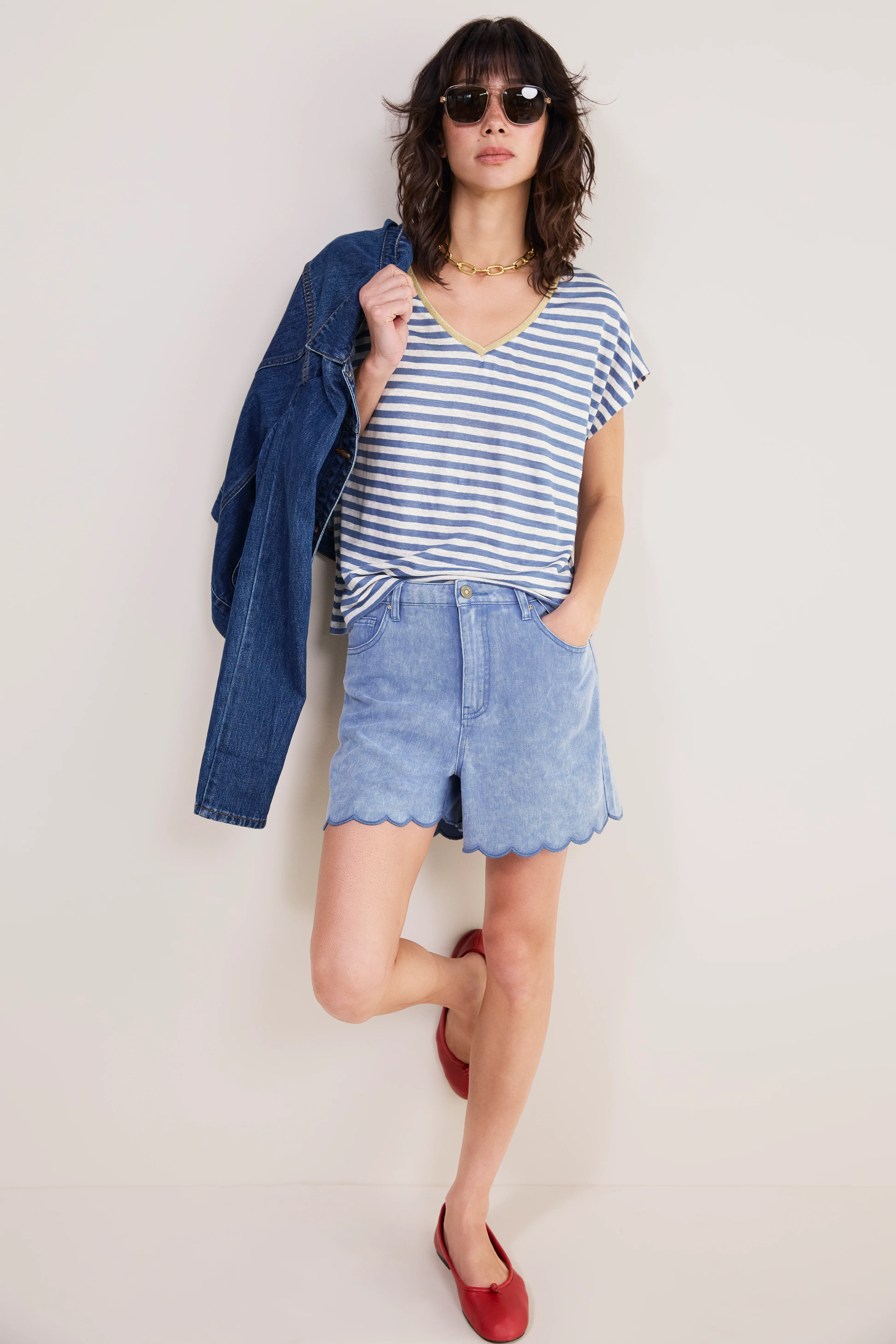 Chiara Linen V Neck Tee - Denim Blue/Ivory Stripe - Image 5