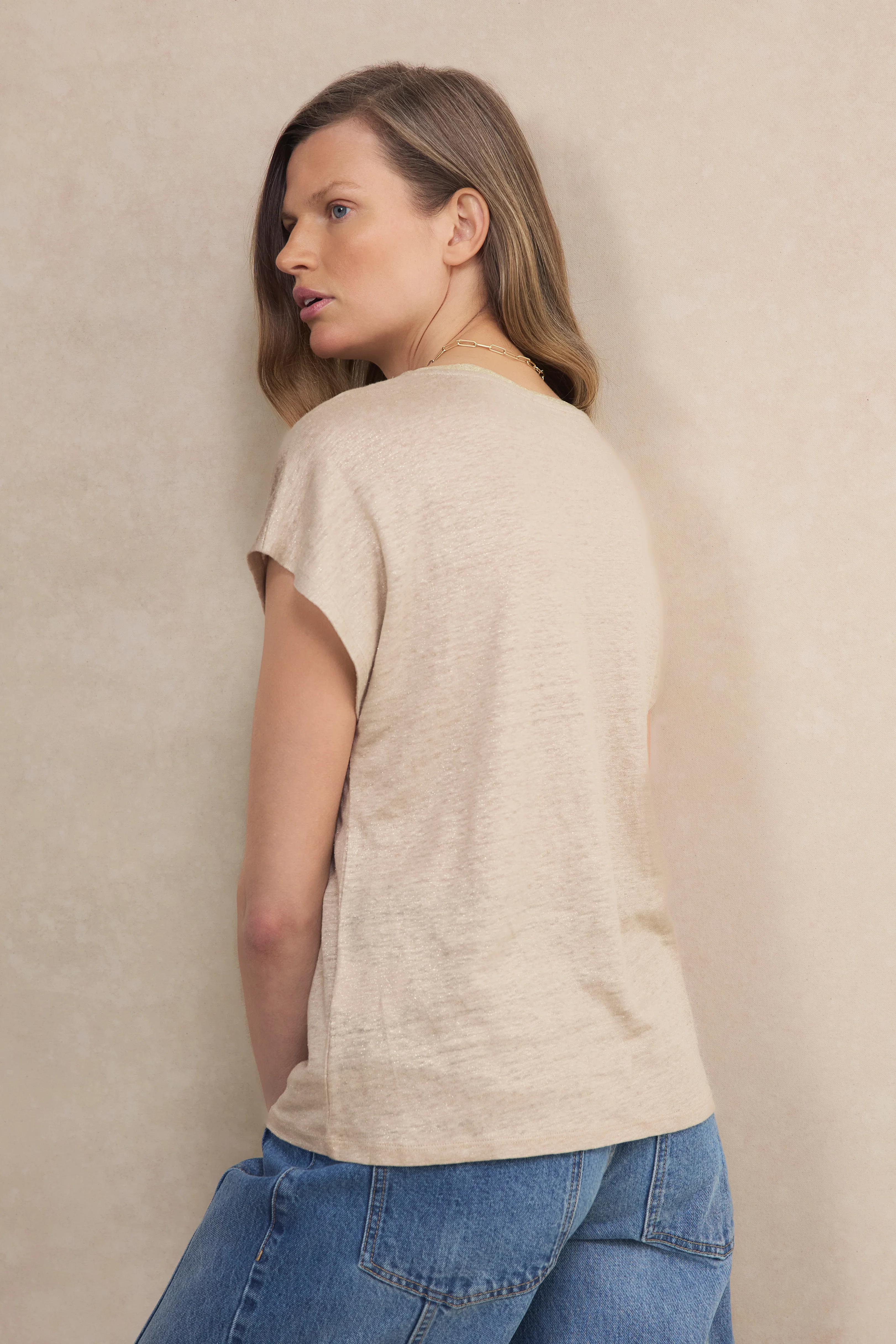 Chiara Linen V Neck Tee - Oat Shimmer - Image 4