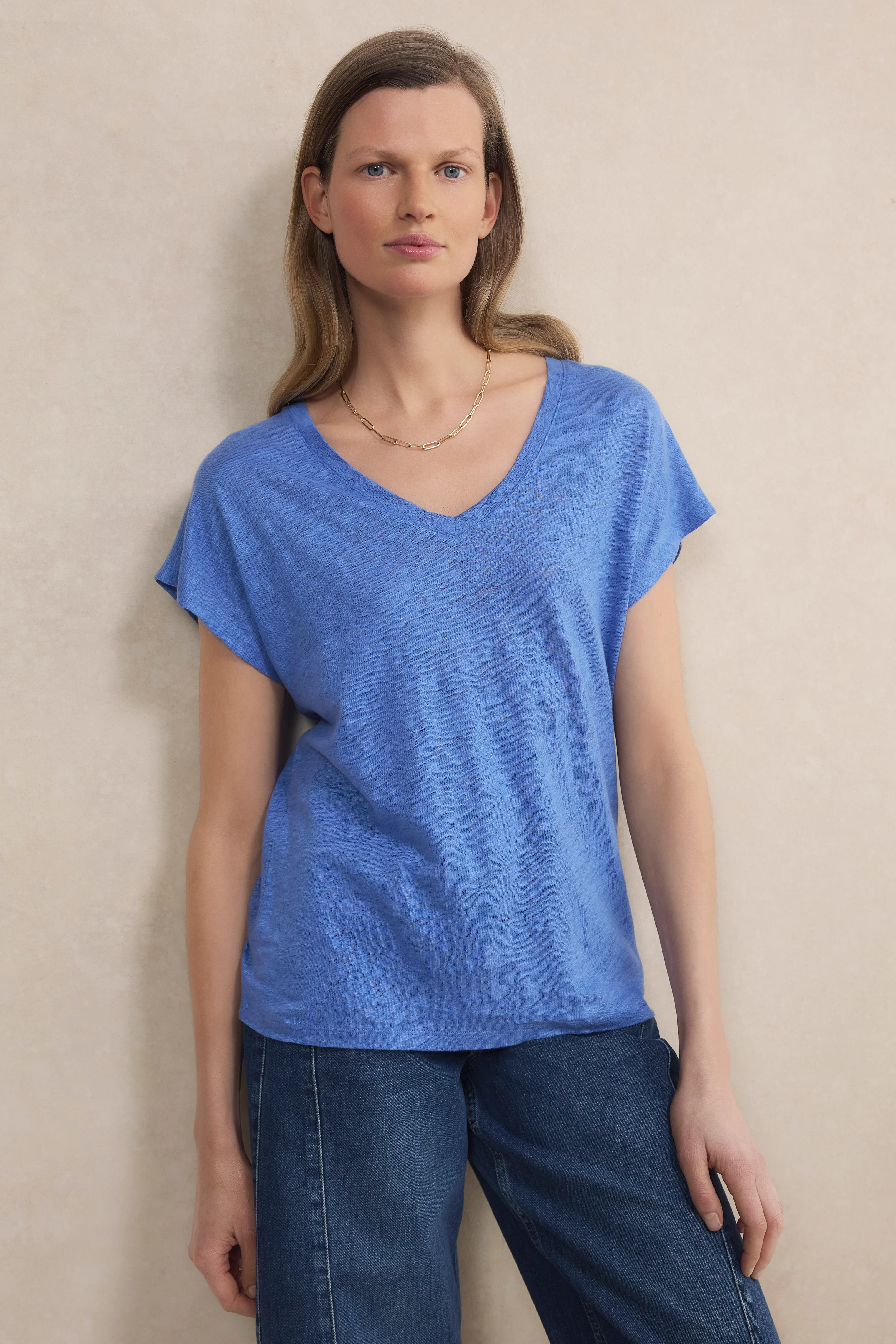 Chiara Linen V Neck Tee - Riviera Blue - Image 3