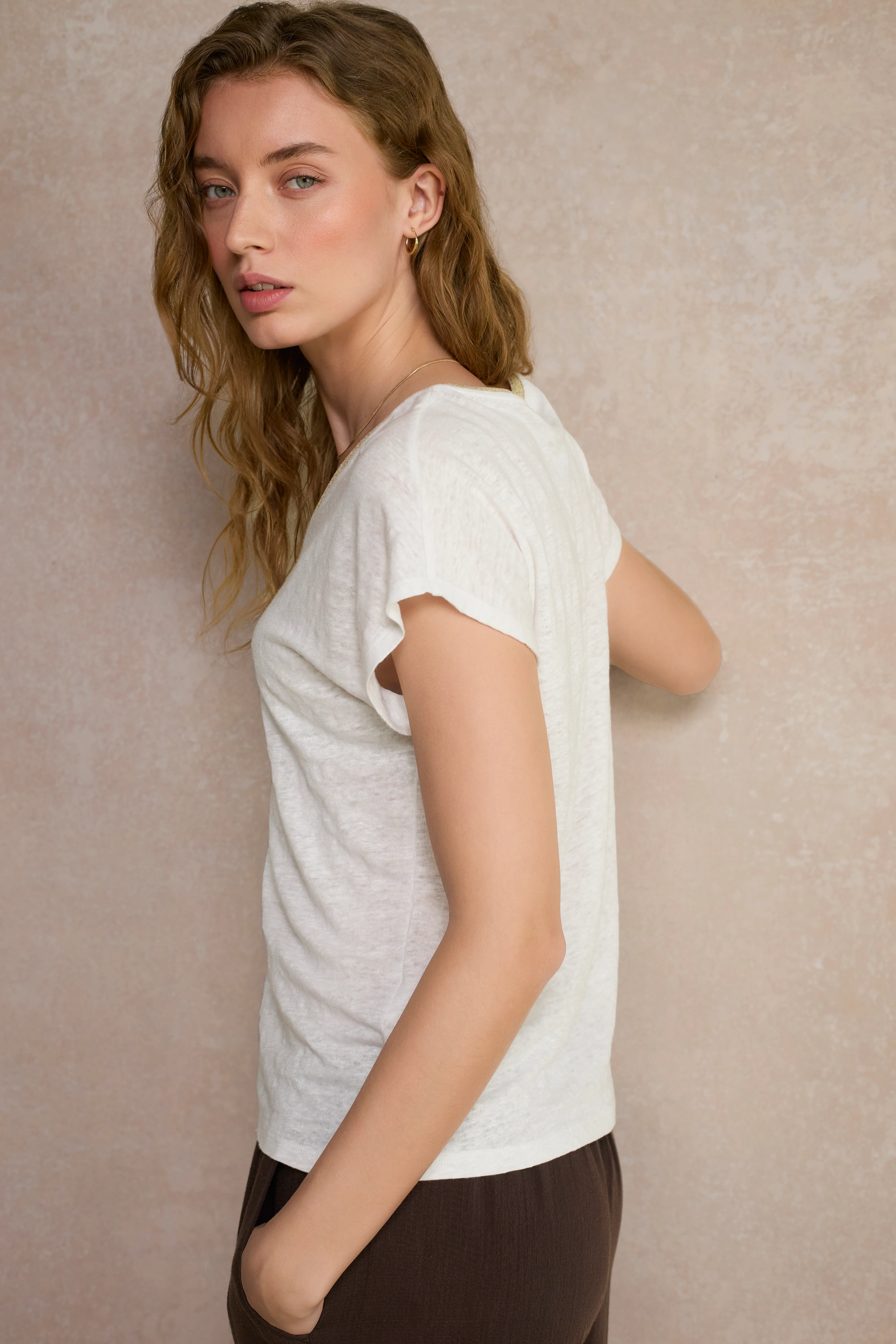 Chiara Linen V Neck Tee - White - Image 3