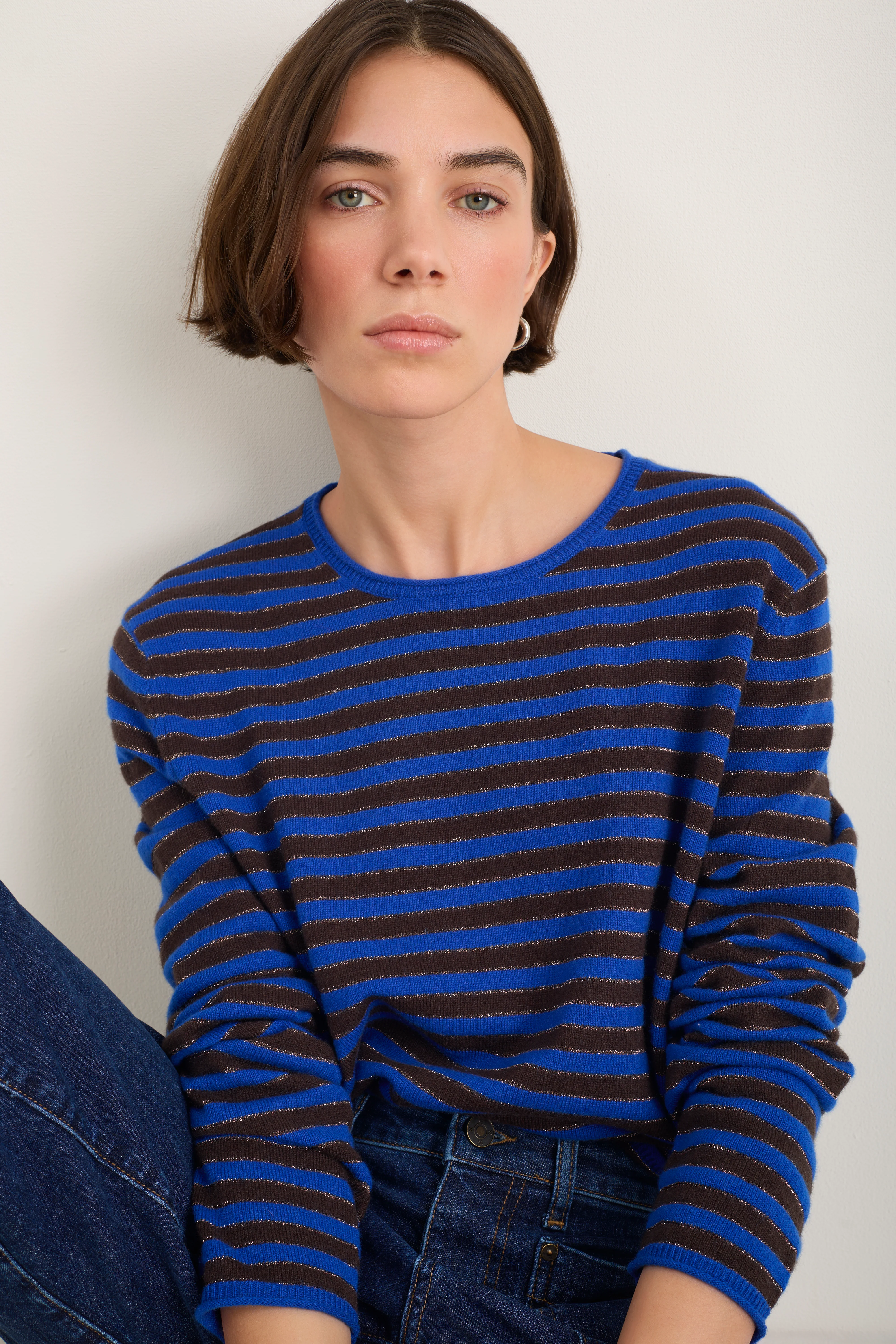 Chrissie Cashmere Jumper - Cobalt/Chocolate/Metallic Stripe - Image 3
