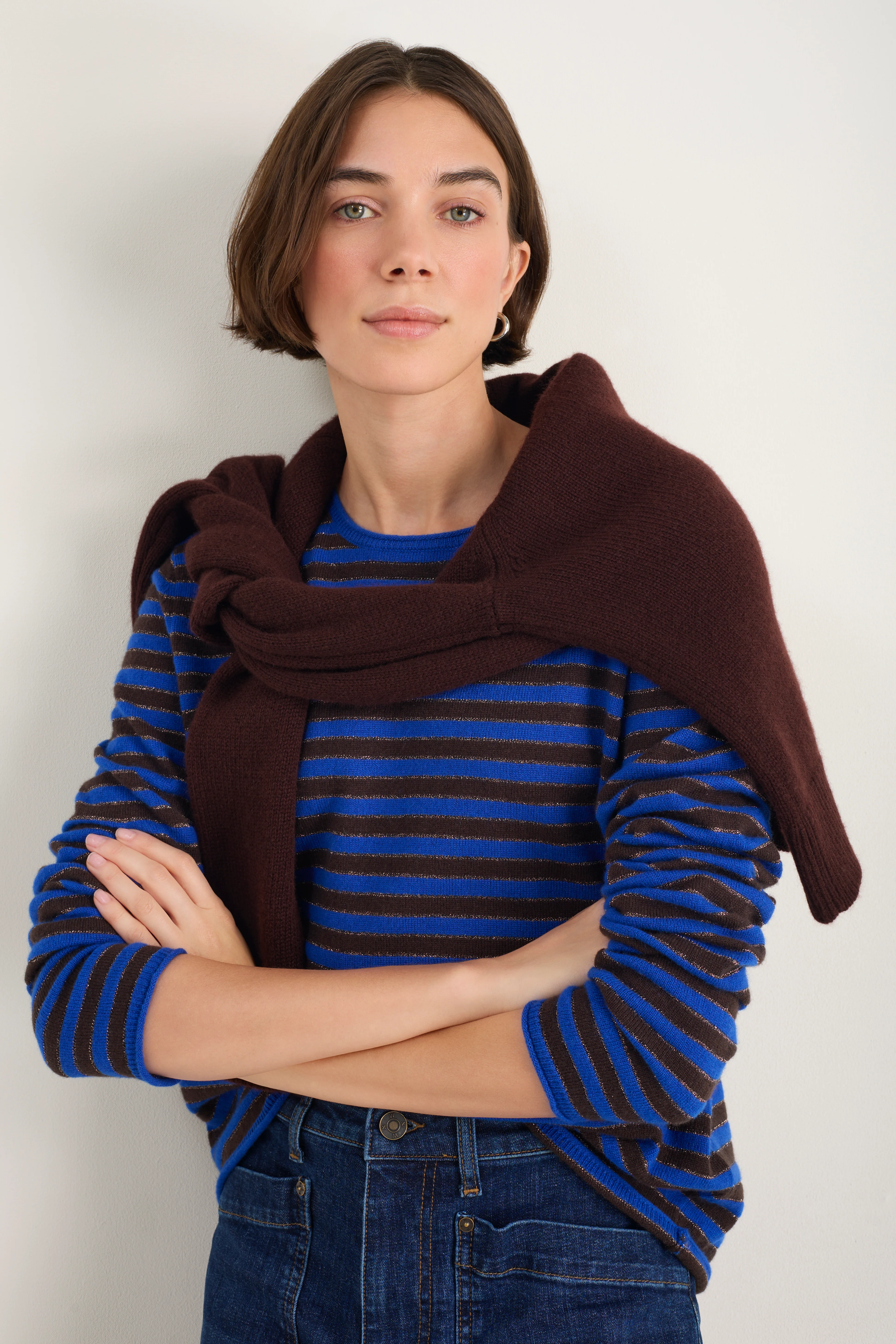 Chrissie Cashmere Jumper - Cobalt/Chocolate/Metallic Stripe - Image 6