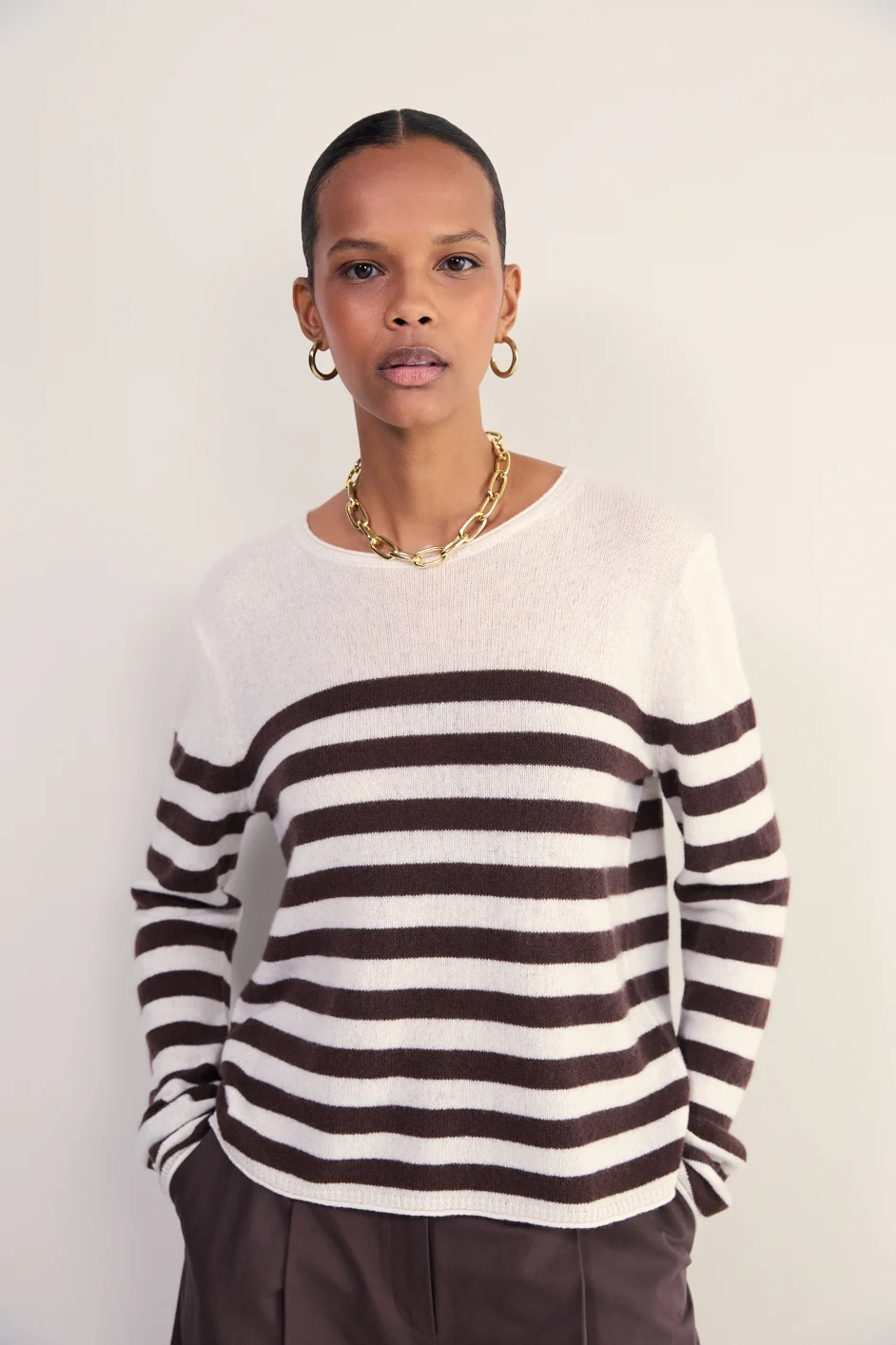 Chrissie Cashmere Jumper - Ivory/Cocoa Stripe - Image 3