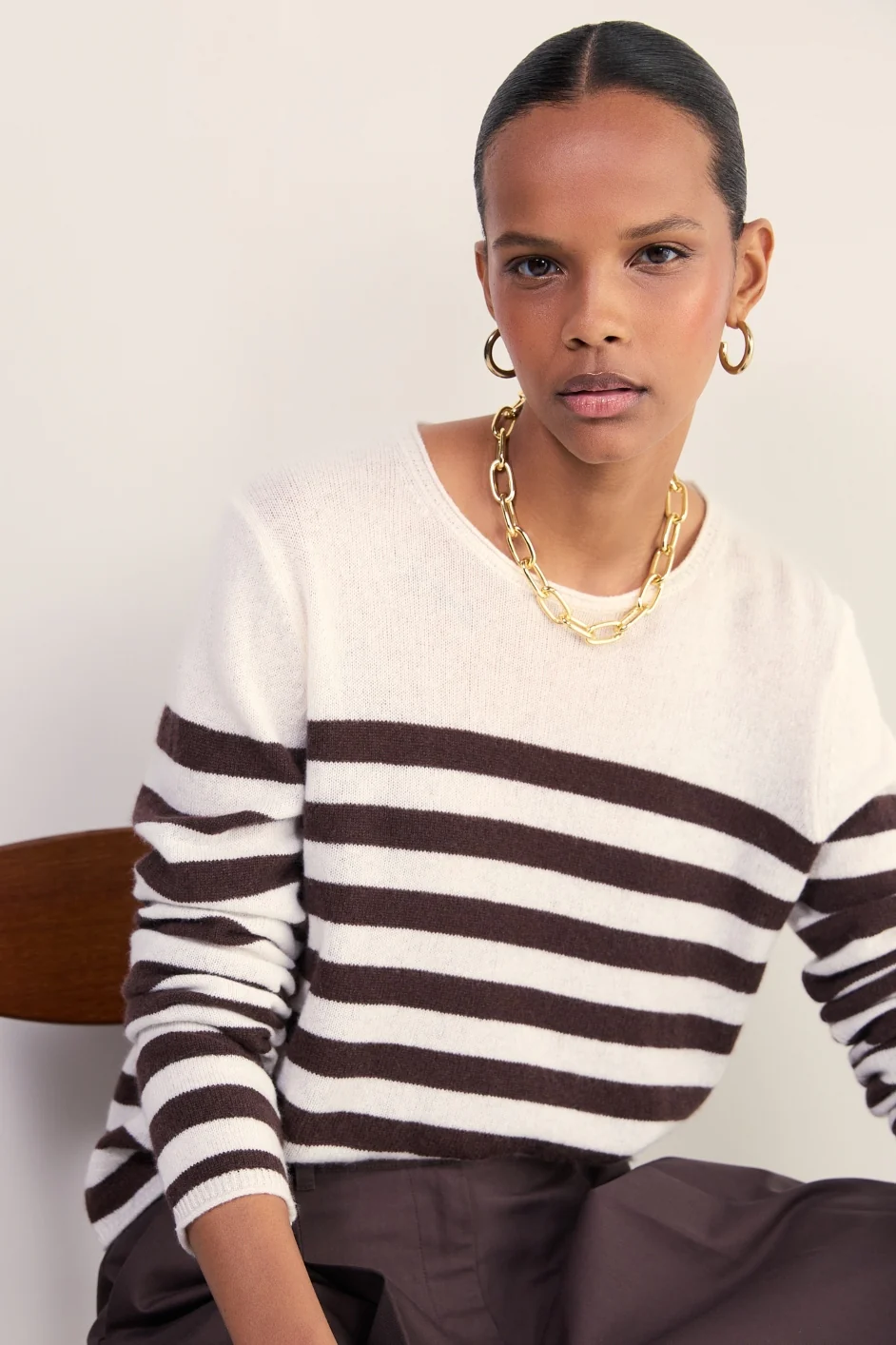 Chrissie Cashmere Jumper - Ivory/Cocoa Stripe - Image 5