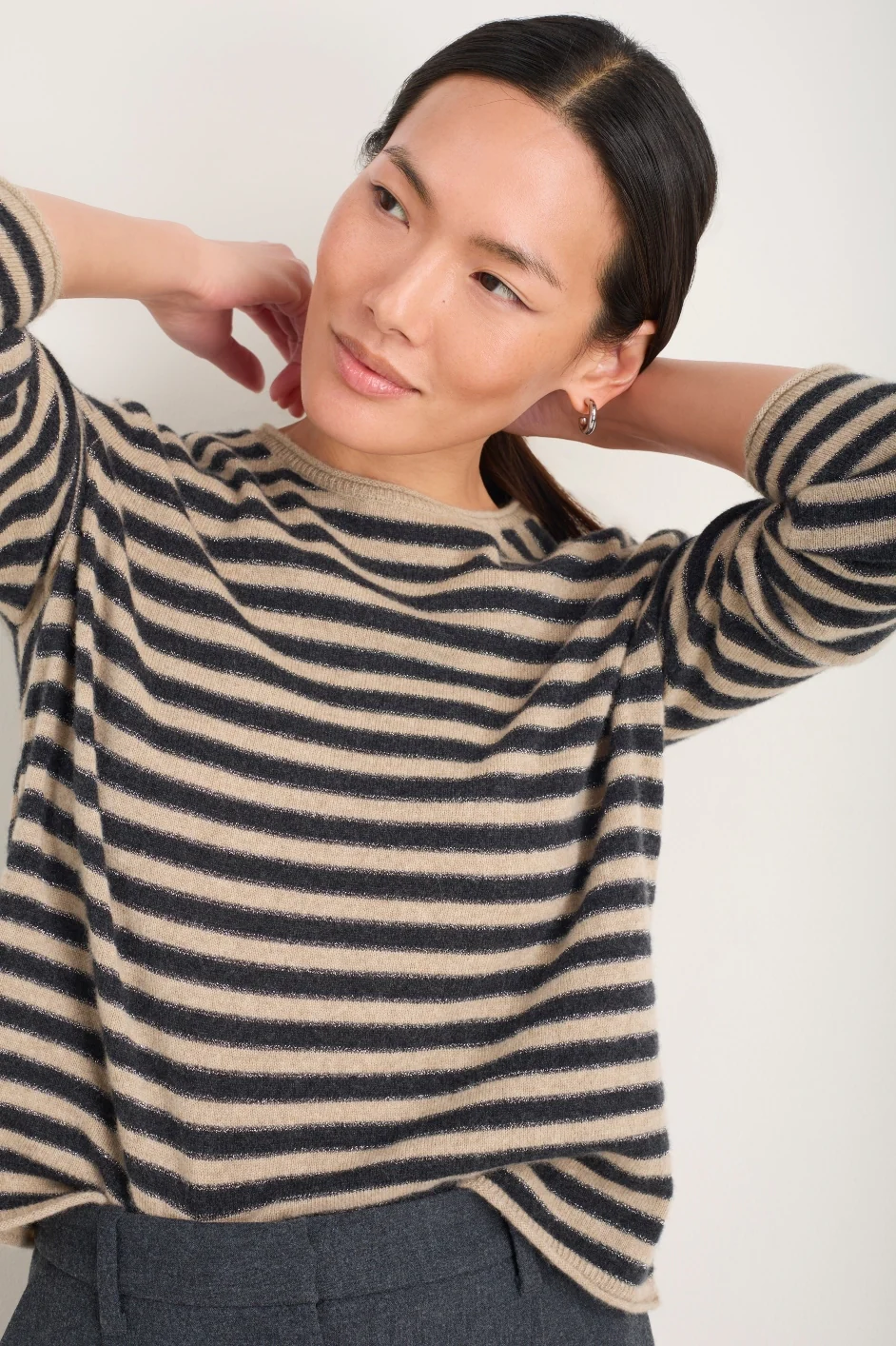 Chrissie Cashmere Jumper - Oat/Charcoal/Metallic Stripe - Image 3