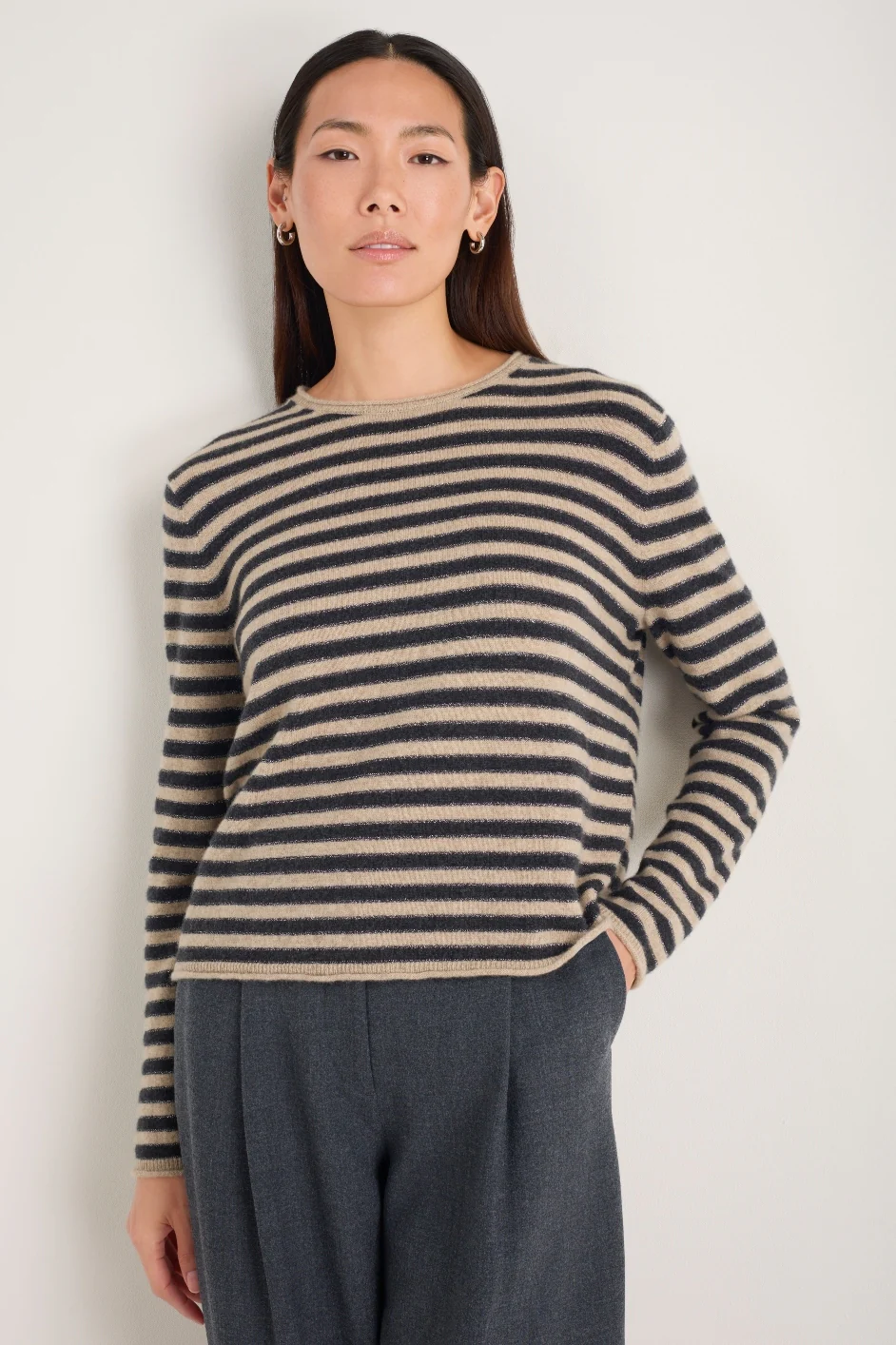 Chrissie Cashmere Jumper - Oat/Charcoal/Metallic Stripe - Image 5