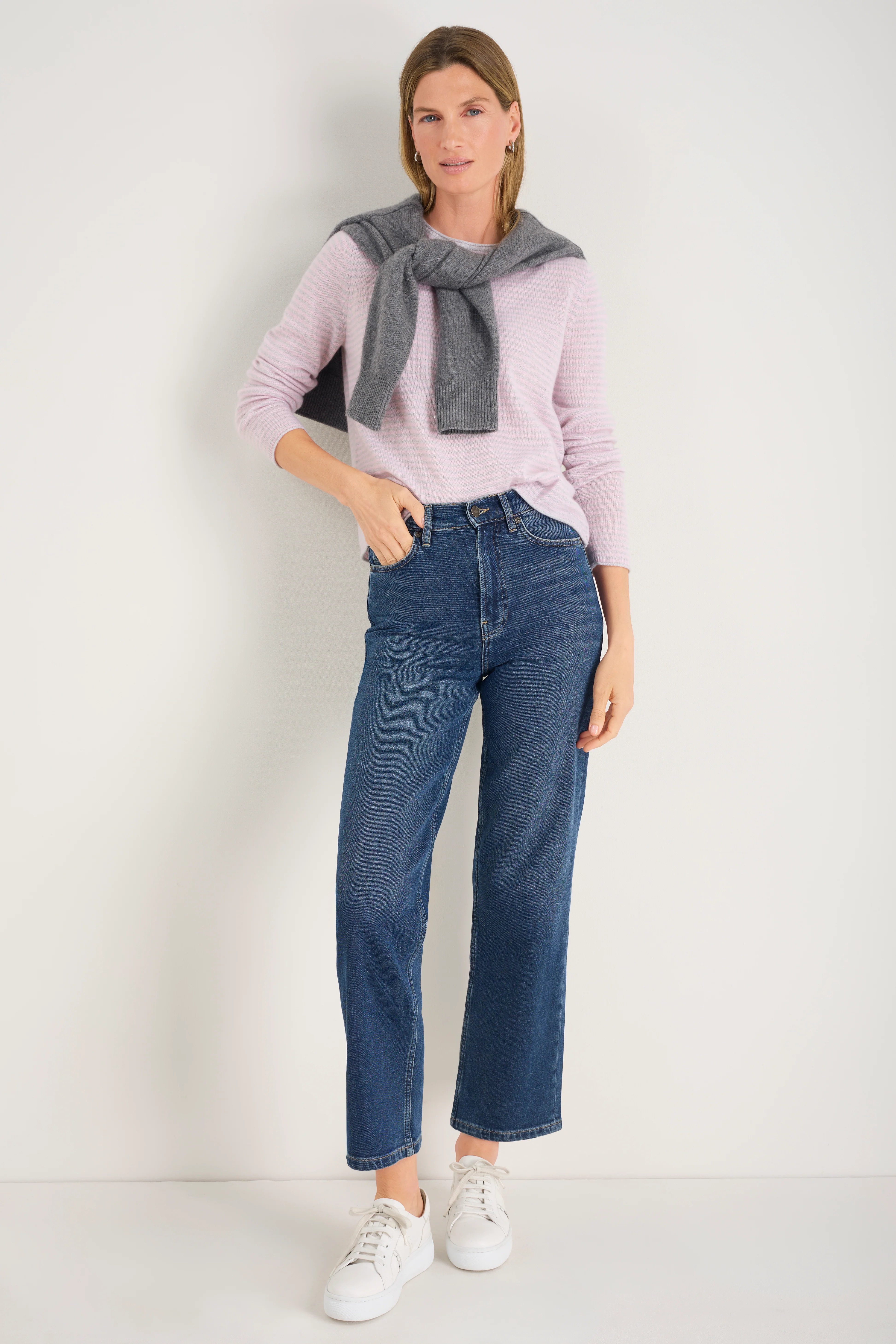 Chrissie Cashmere Jumper - Silver/Blossom Pink Micro Stripe - Image 3