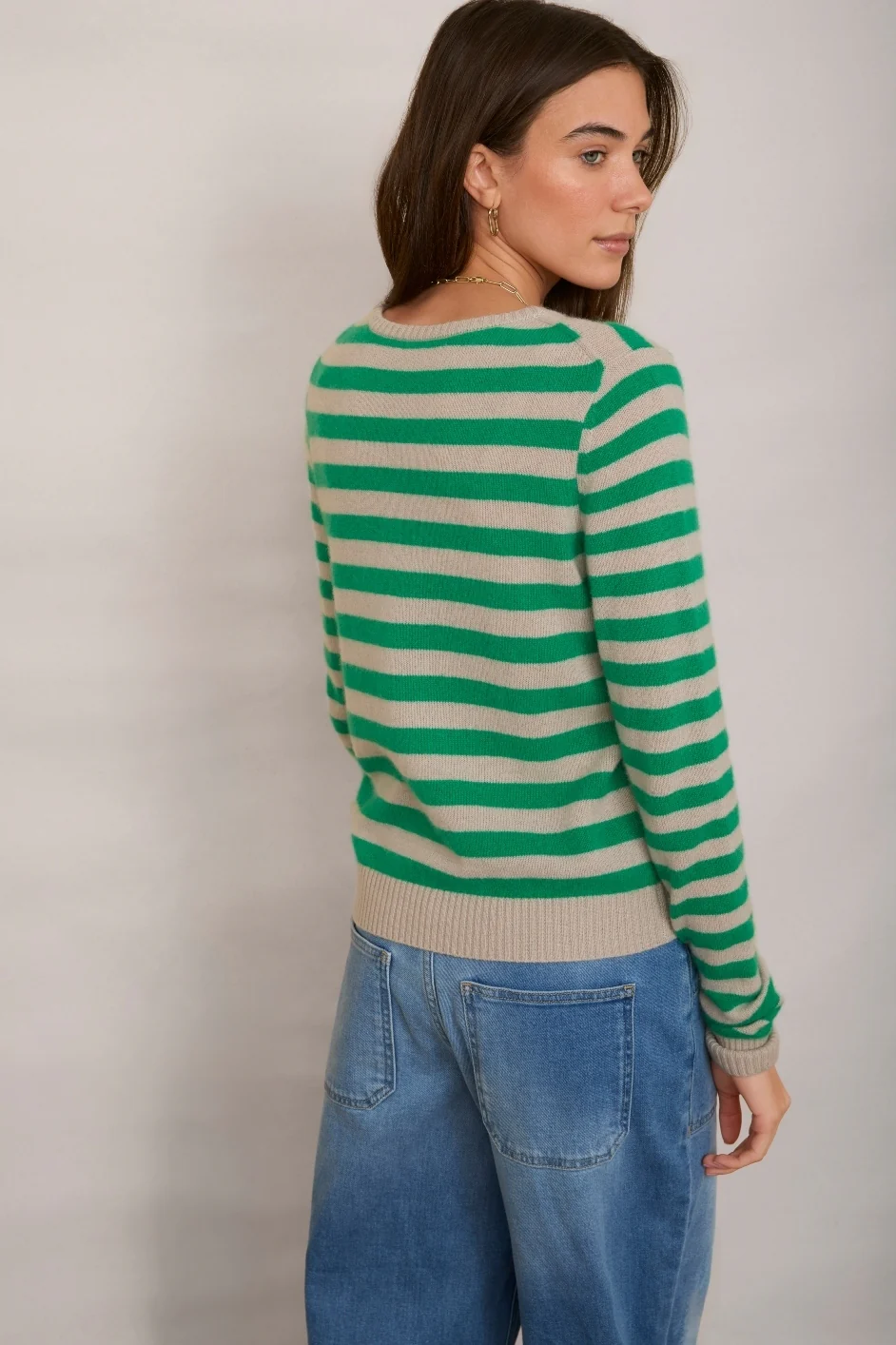 Cleo Cashmere Jumper - Parchment/Jade Green Stripe - Image 2