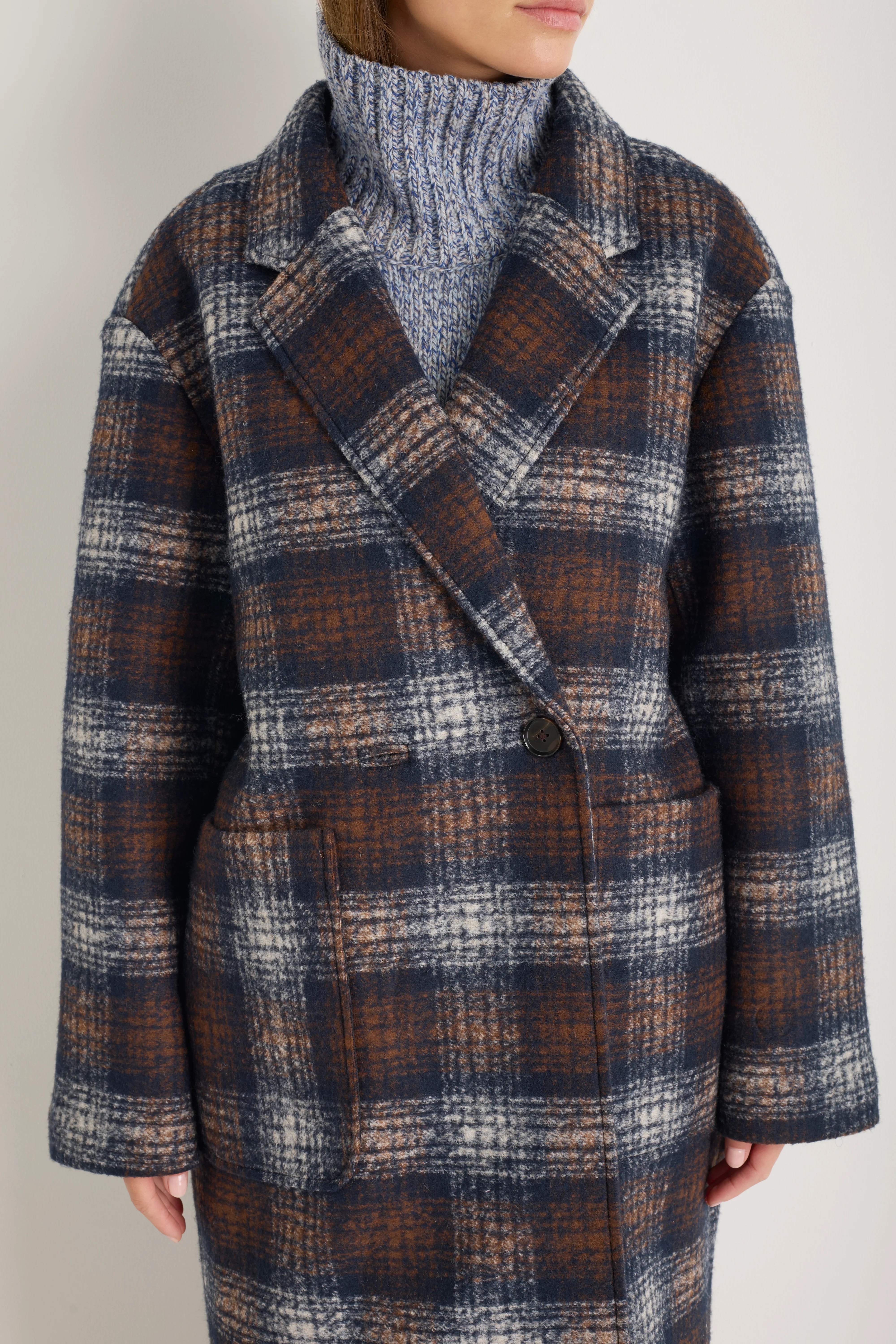 DB x Wyse Cocoon Coat - Brown/Blue Check - Image 2