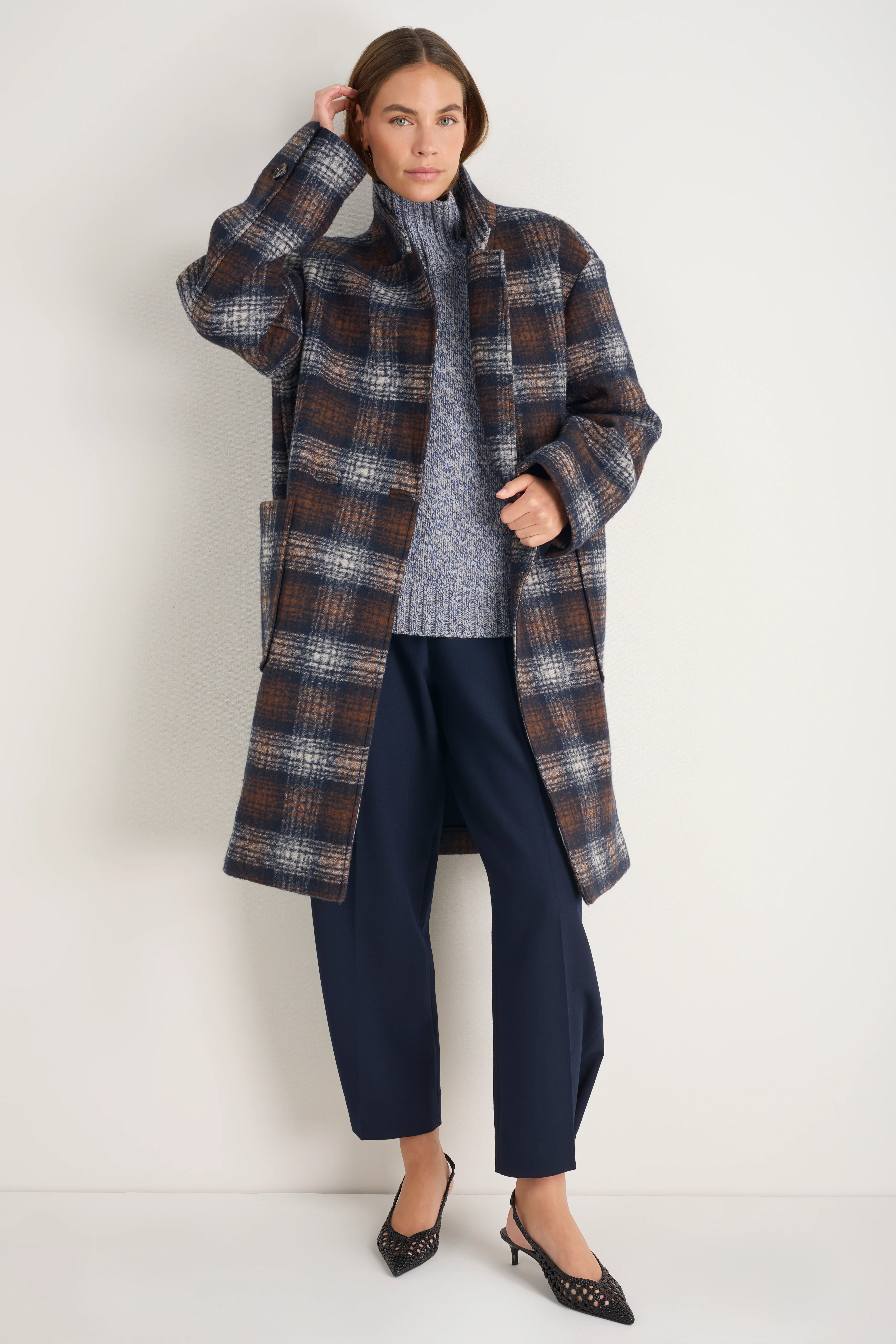 DB x Wyse Cocoon Coat - Brown/Blue Check - Image 3