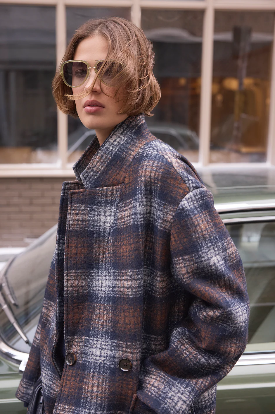 DB x Wyse Cocoon Coat - Brown/Blue Check - Image 7