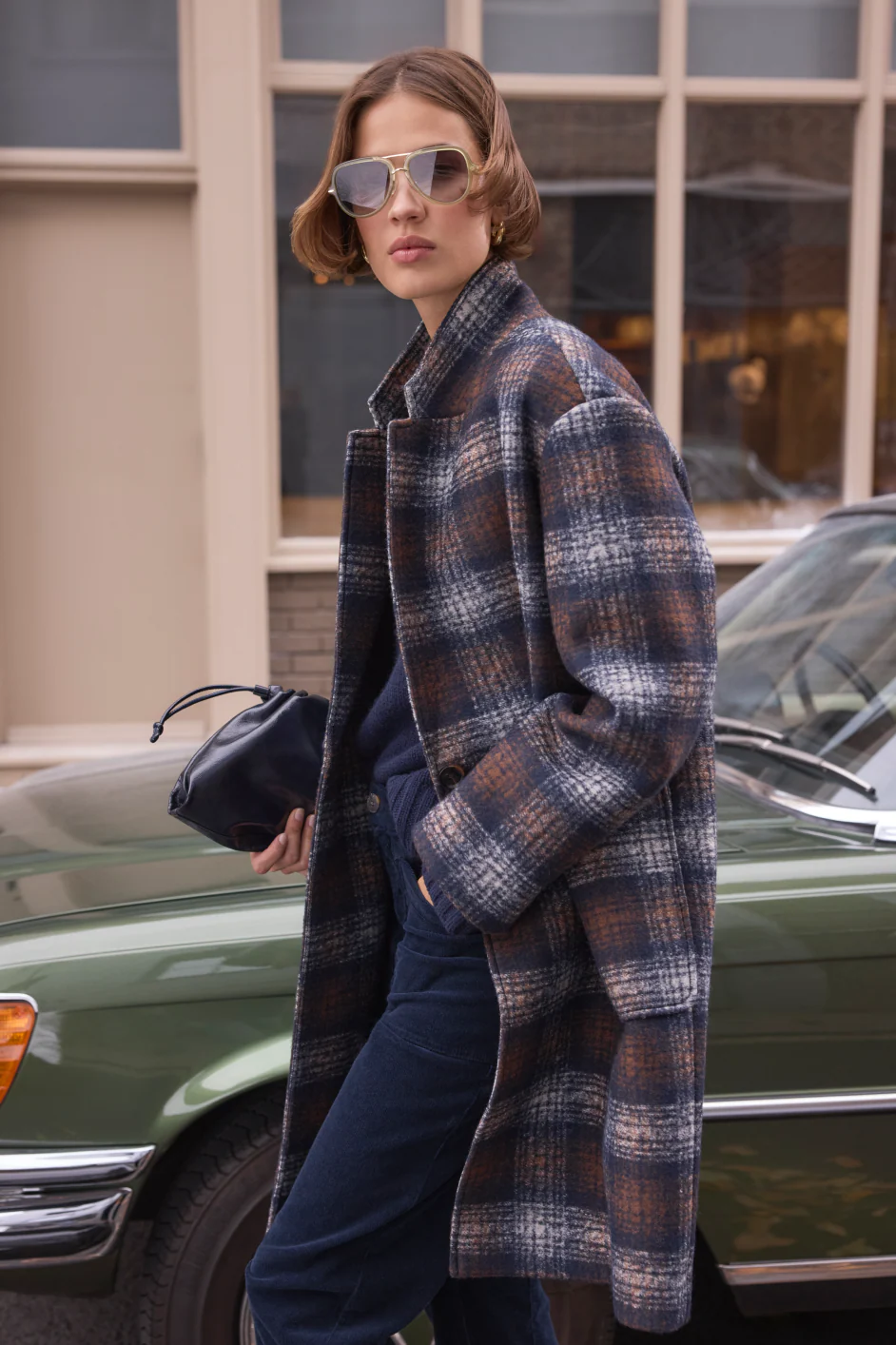 DB x Wyse Cocoon Coat - Brown/Blue Check - Image 8