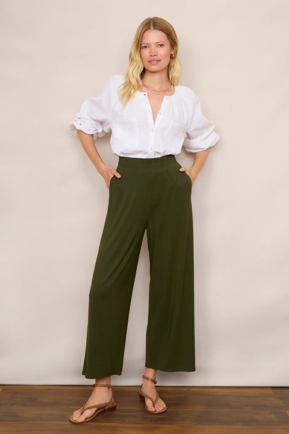 Delphine Cropped Pull On Trouser - Moss Green - Image 2