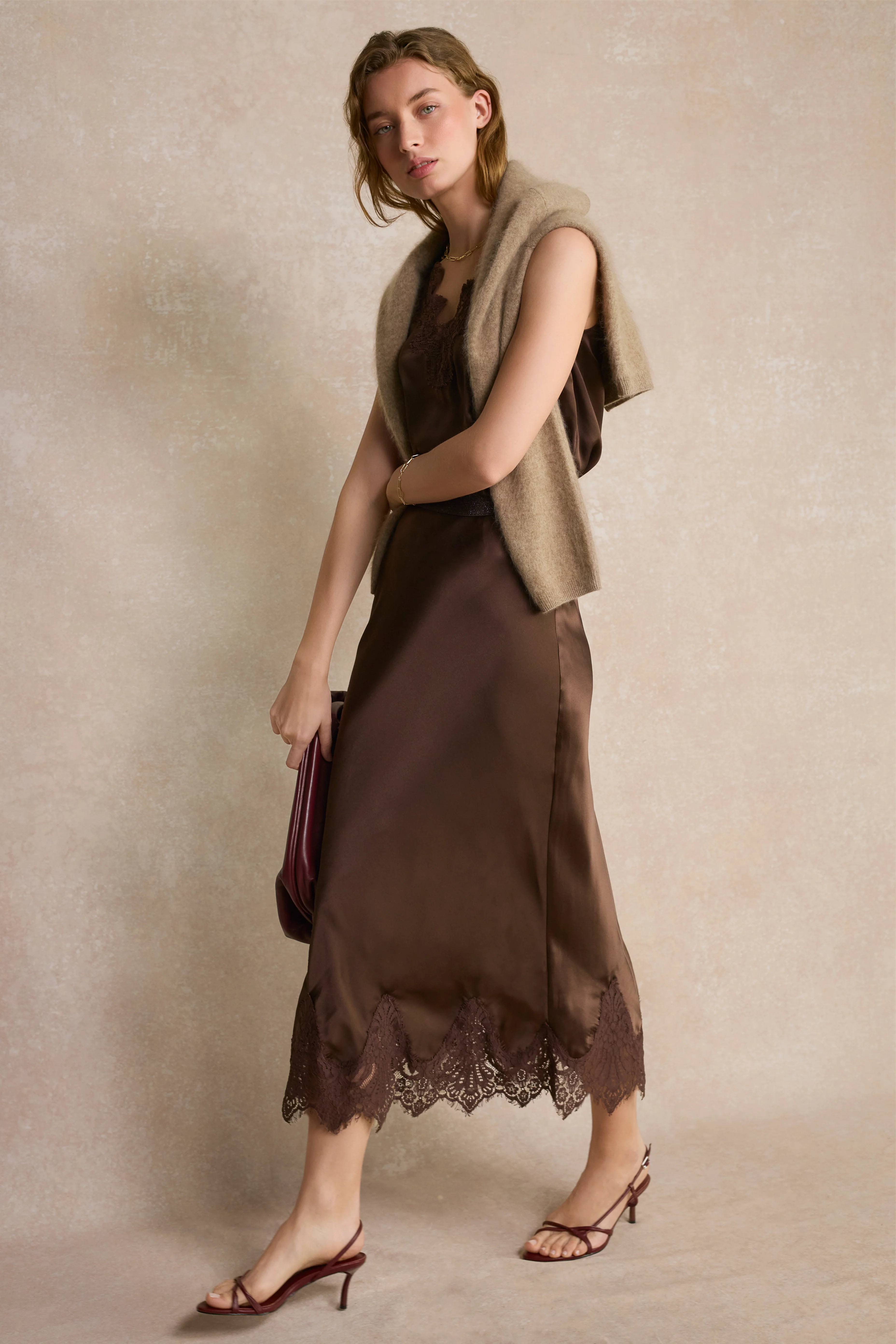 Ella Silk Lace Trim Skirt - Cocoa - Image 6