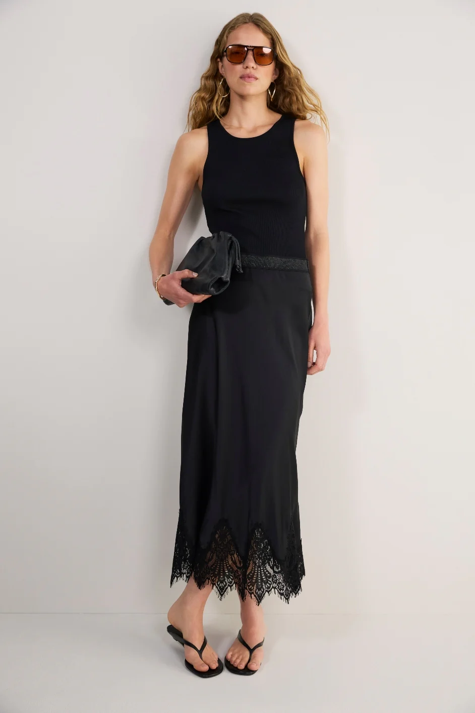 Ella Silk Lace Trim Skirt - Black - Image 5