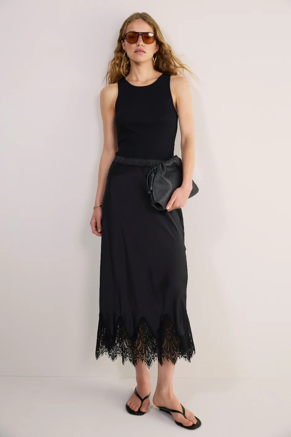 Ella Silk Lace Trim Skirt - Black - Image 6