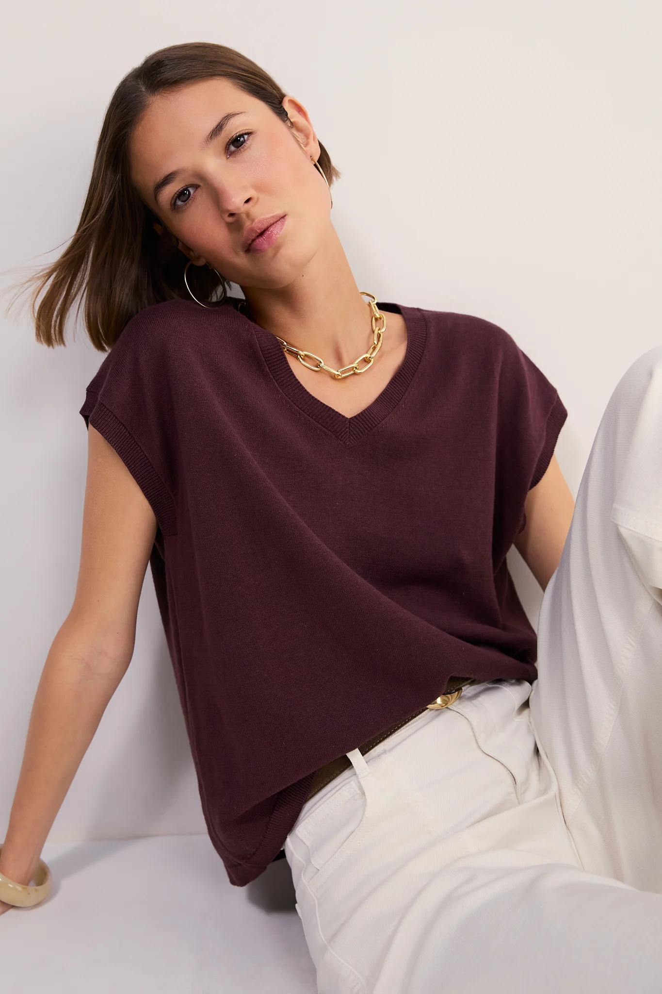 Fleur Linen Cotton V-Neck Tank - Raisin - Image 4