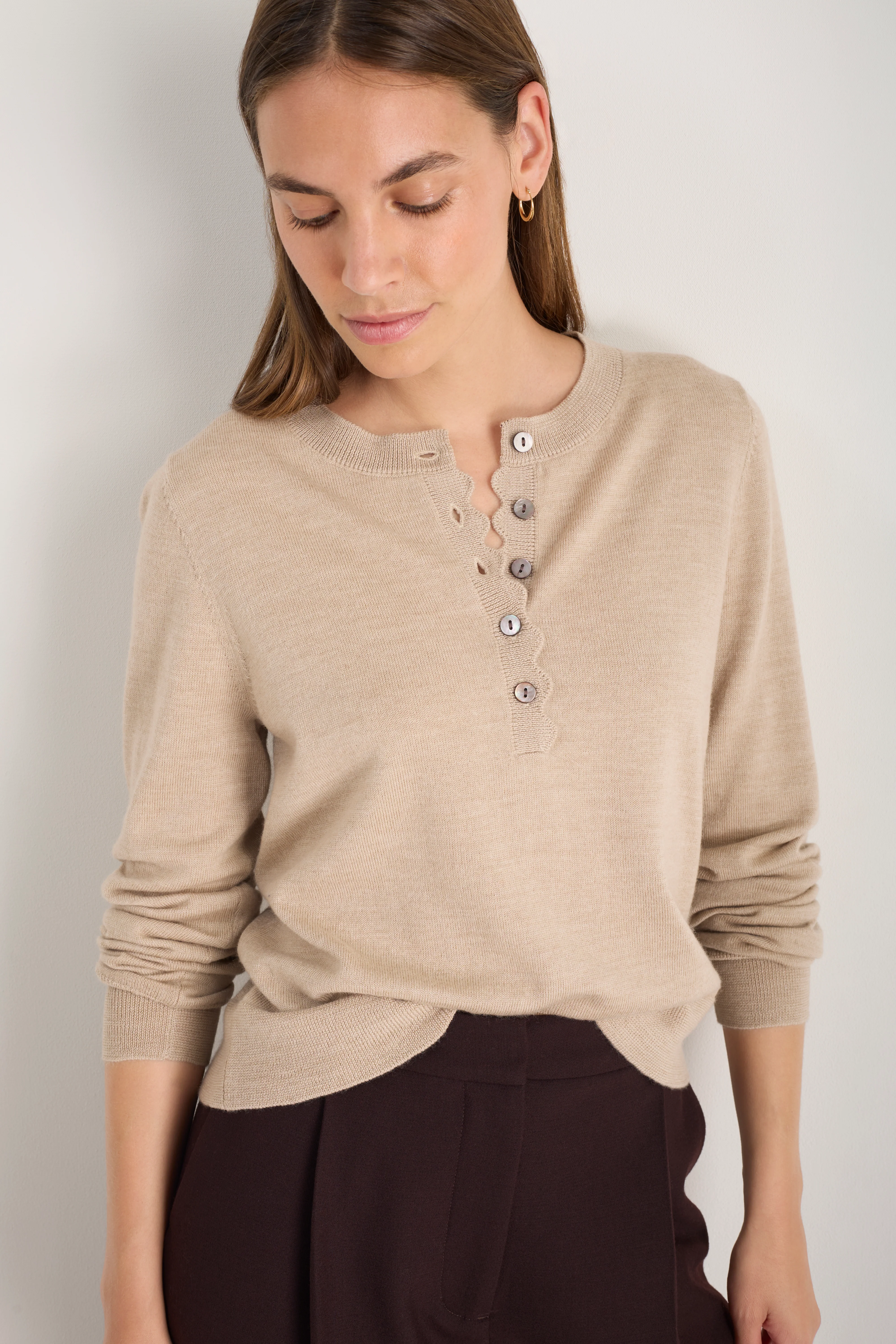 Fleurine Scallop Henley Jumper - Taupe - Image 2