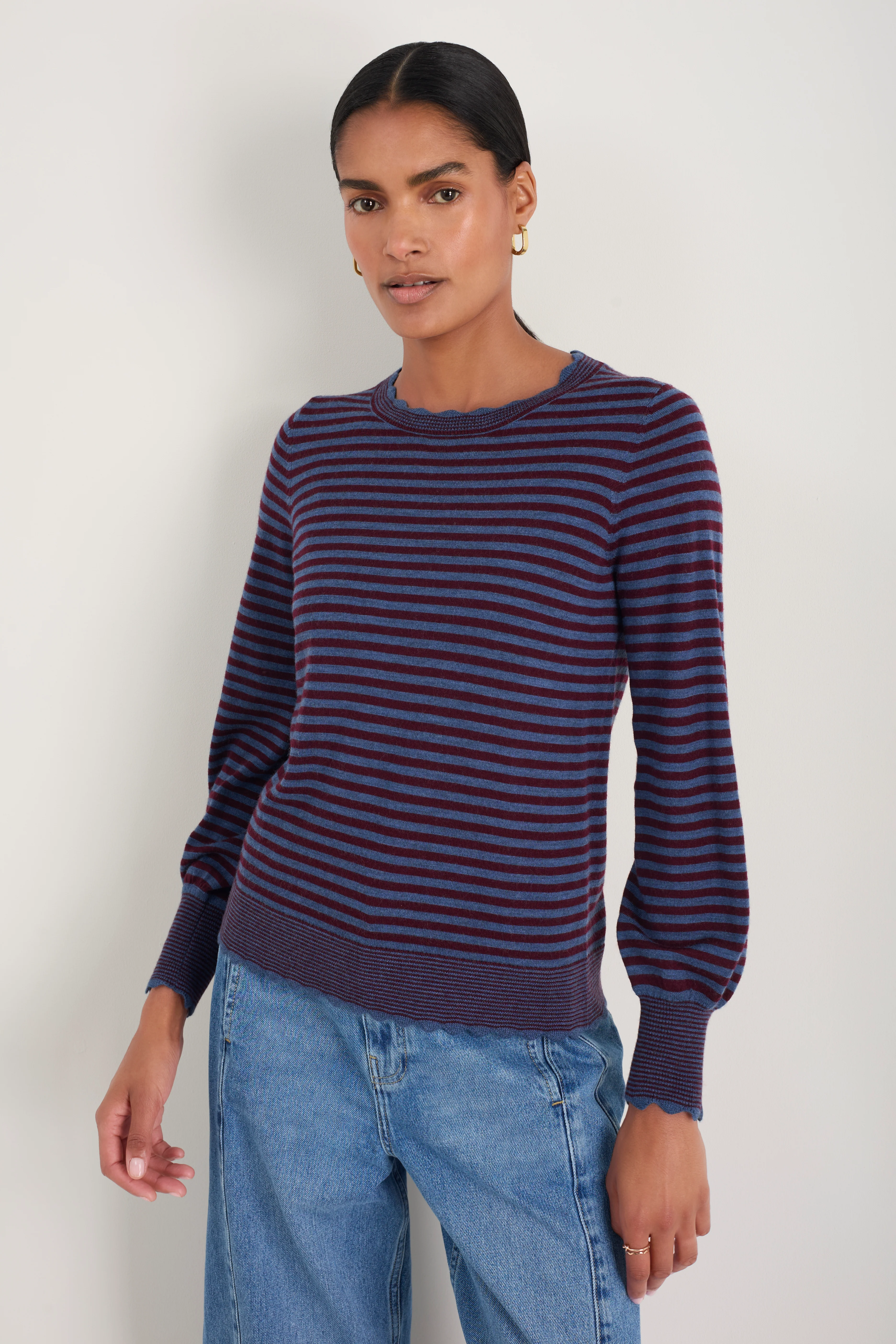 Fleurine Scallop Jumper - Denim Blue/Deep Fig Stripe - Image 3