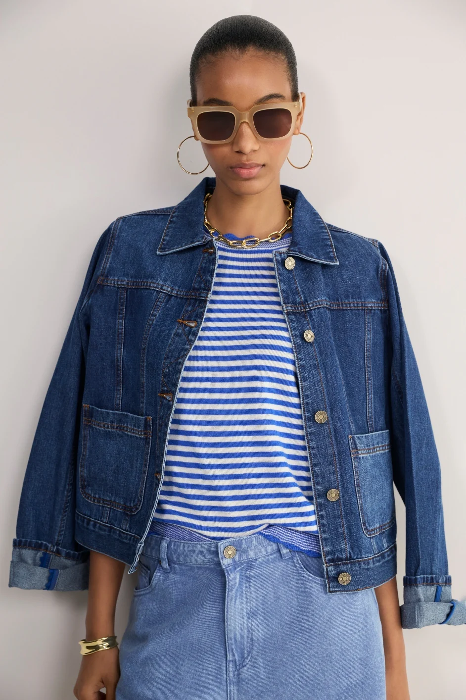 Fleurine Short Sleeve Tee - Chambray Blue/Ivory Micro Stripe - Image 4