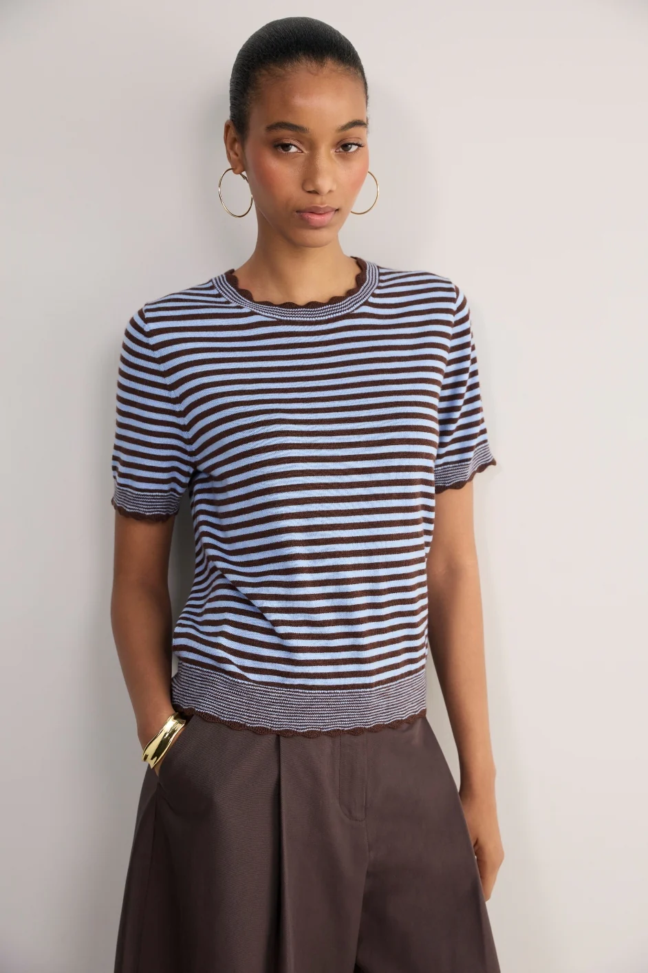 Fleurine Short Sleeve Tee - Cocoa/Sky Blue Micro Stripe - Image 3