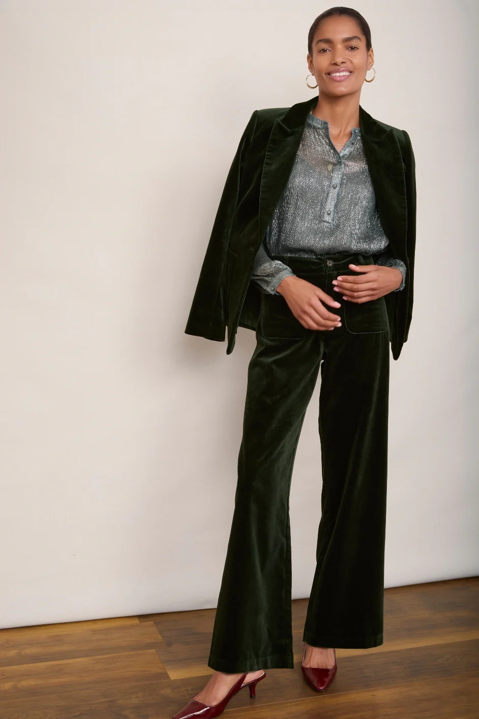 Florence Flare Velvet Trouser - Forest Green - Image 3