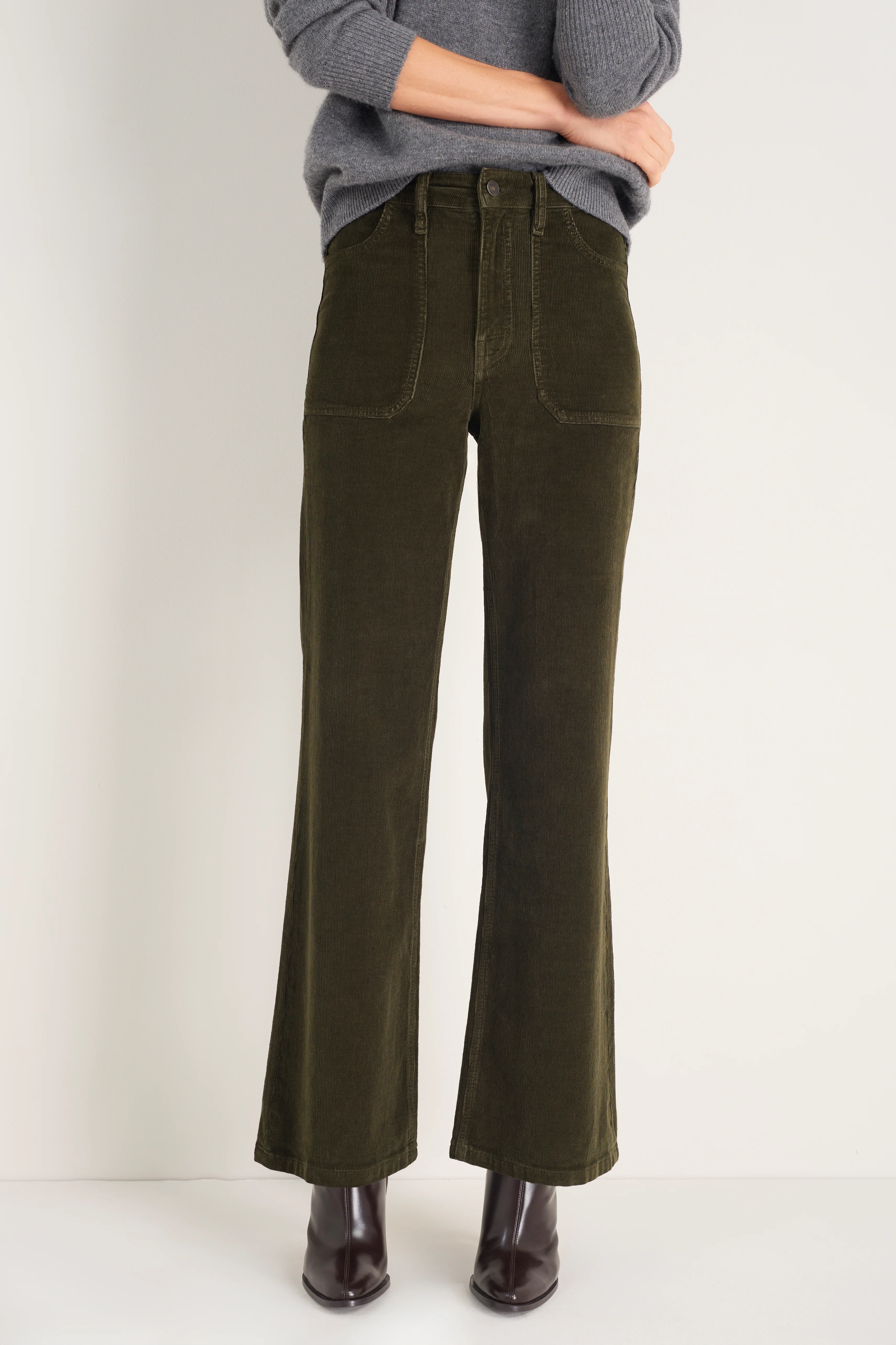 Flossie Carpenter Flare Cord Trouser - Dark Olive - Image 4