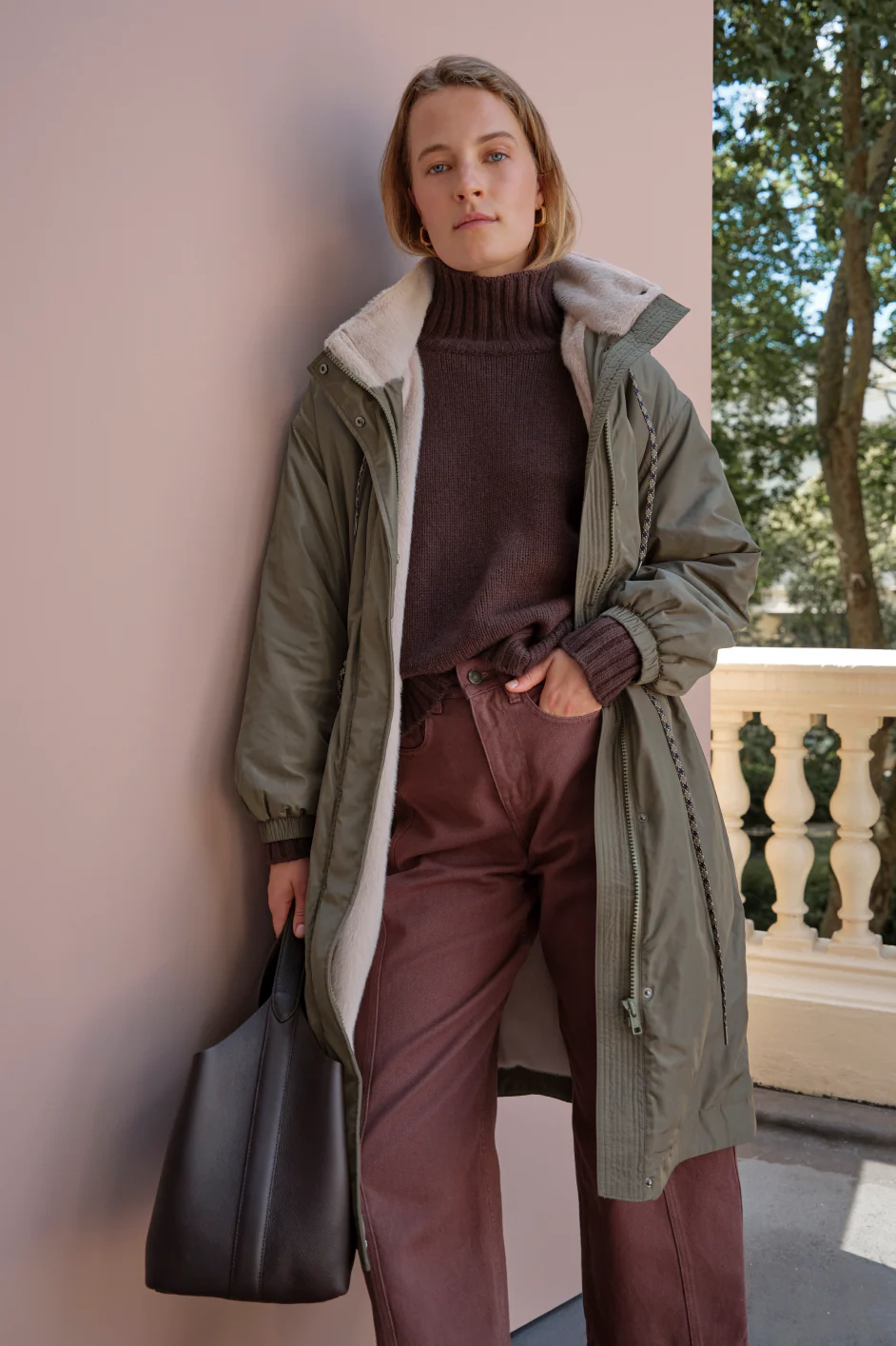 Freya Faux Fur Lined Coat - Mid Olive - Image 7