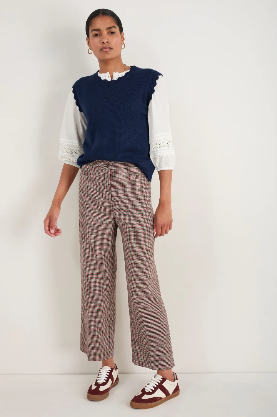 Ingrid Check Crop Trouser - Tan/Red Check - Image 3