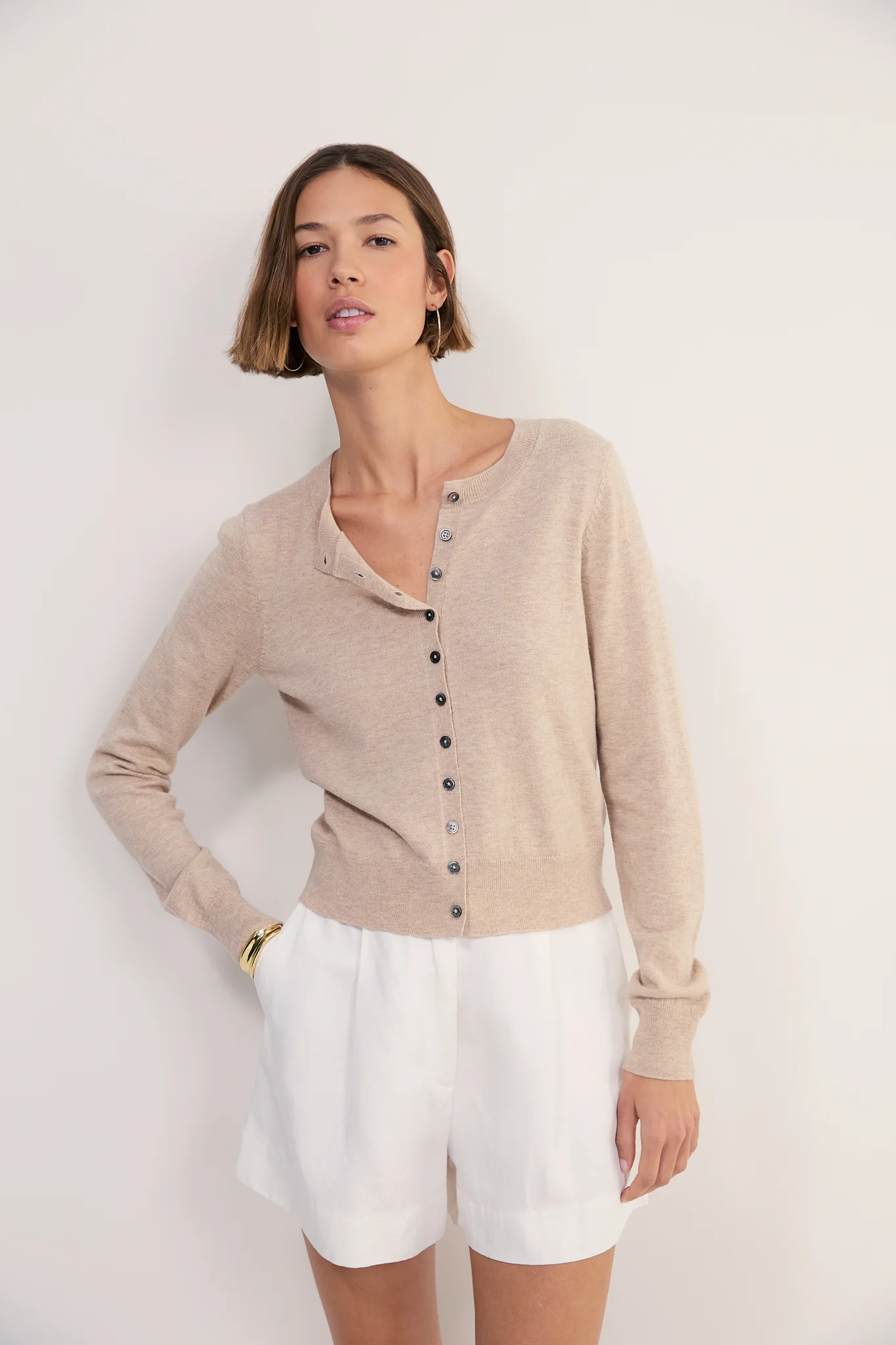 Katie Wool Cotton Cardigan - Taupe Marl - Image 3