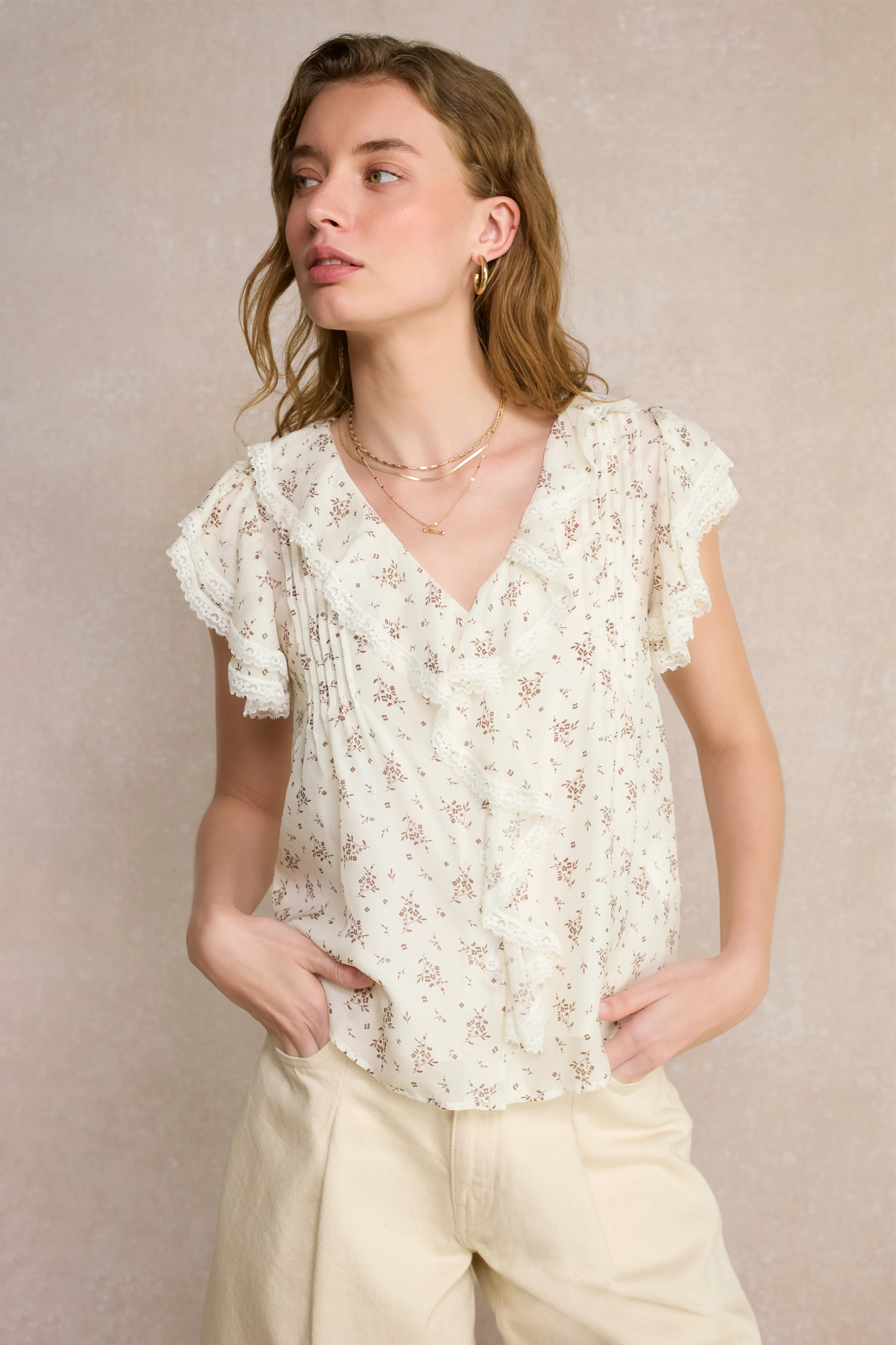 Laurent Flutter Sleeve Silk Blouse - Ivory Sprig Floral - Image 4