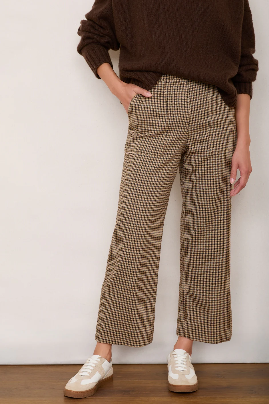 Leia Cropped Trouser - Tan Mini Check - Image 3