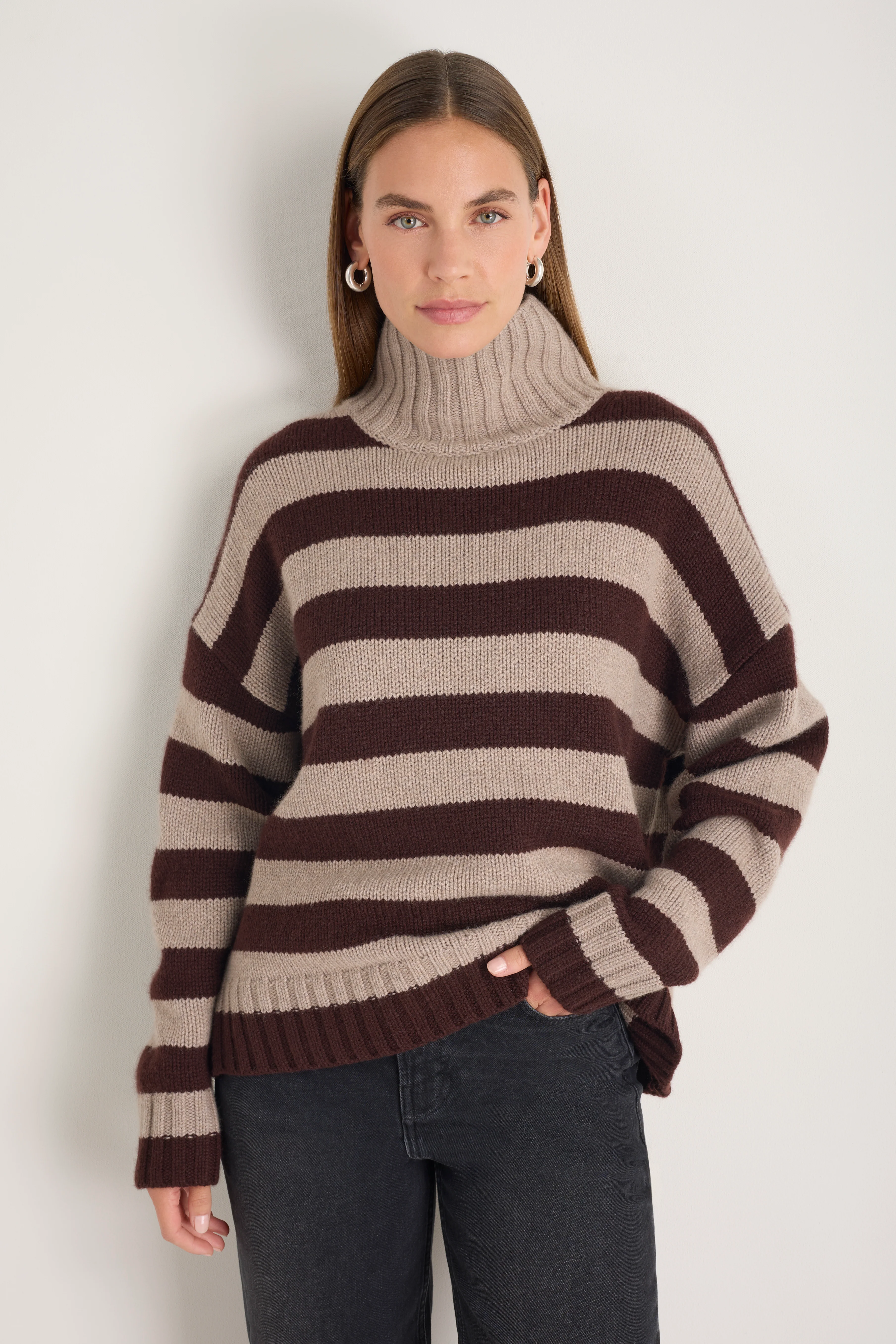 Liana Chunky Funnel Neck Jumper - Chocolate/Oat Stripe - Image 3
