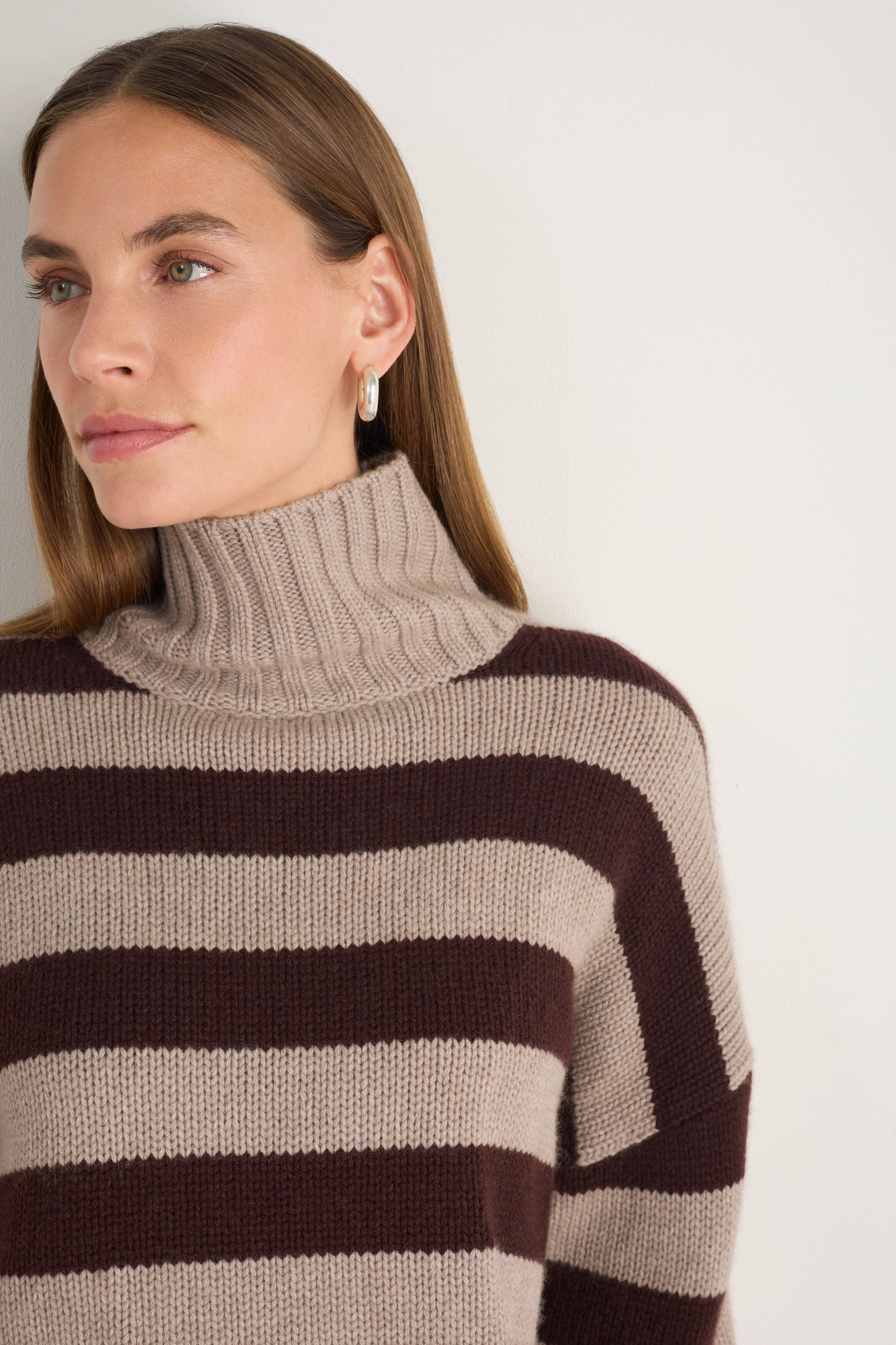 Liana Chunky Funnel Neck Jumper - Chocolate/Oat Stripe - Image 4