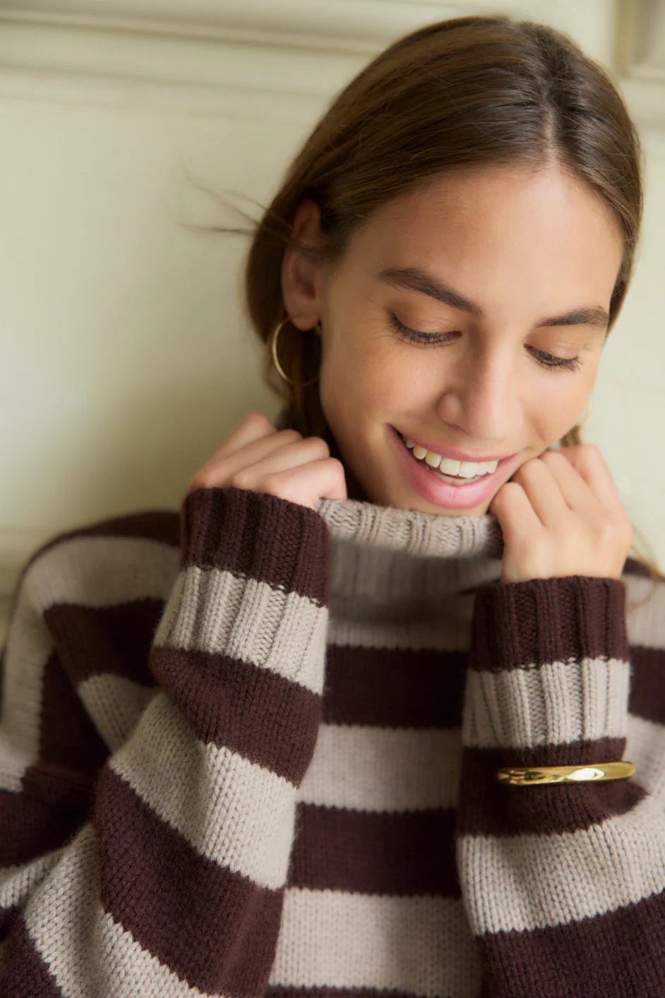 Liana Chunky Funnel Neck Jumper - Chocolate/Oat Stripe - Image 5