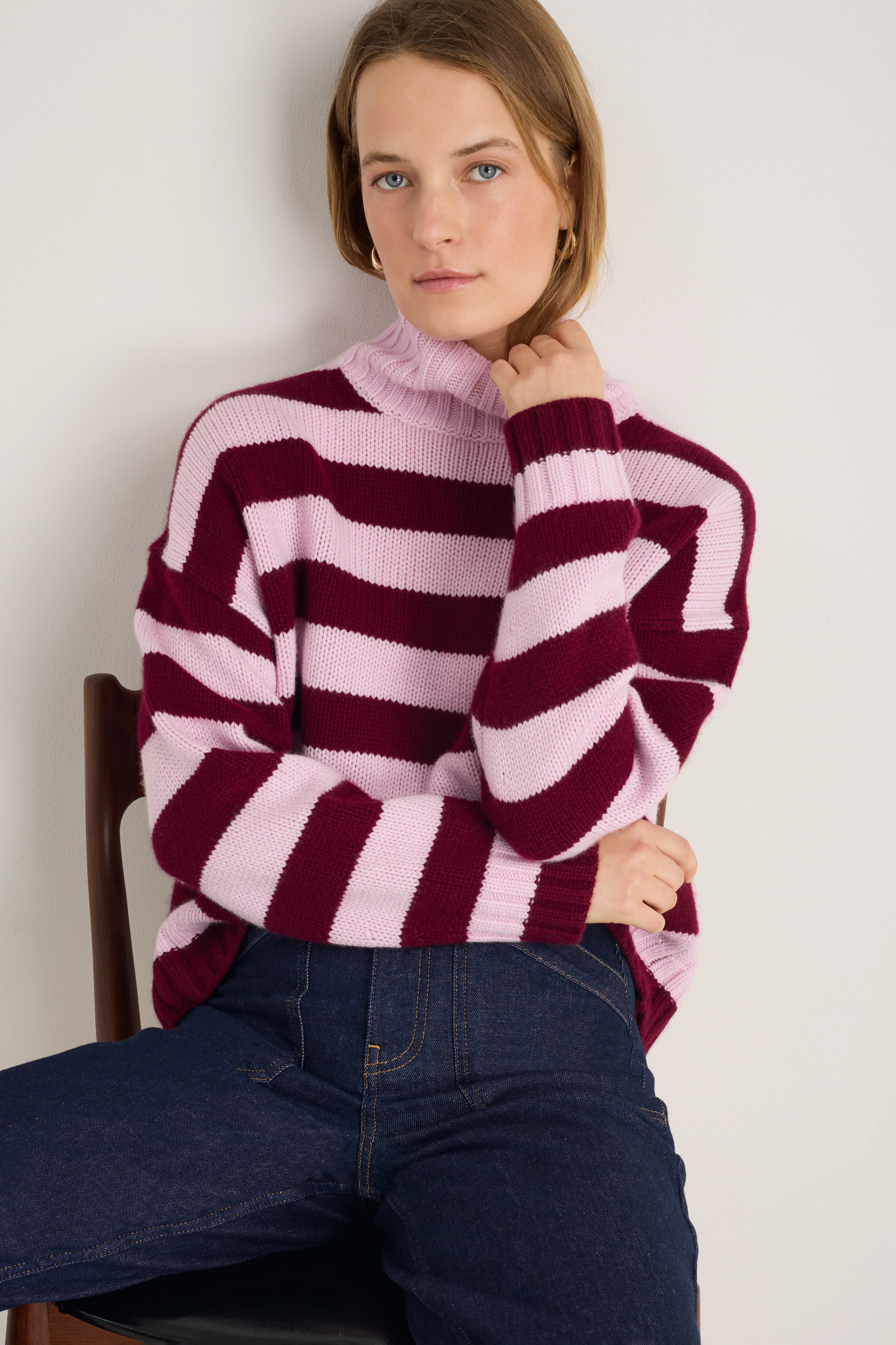 Liana Chunky Funnel Neck Jumper - Deep Fig/Blossom Pink Stripe - Image 3