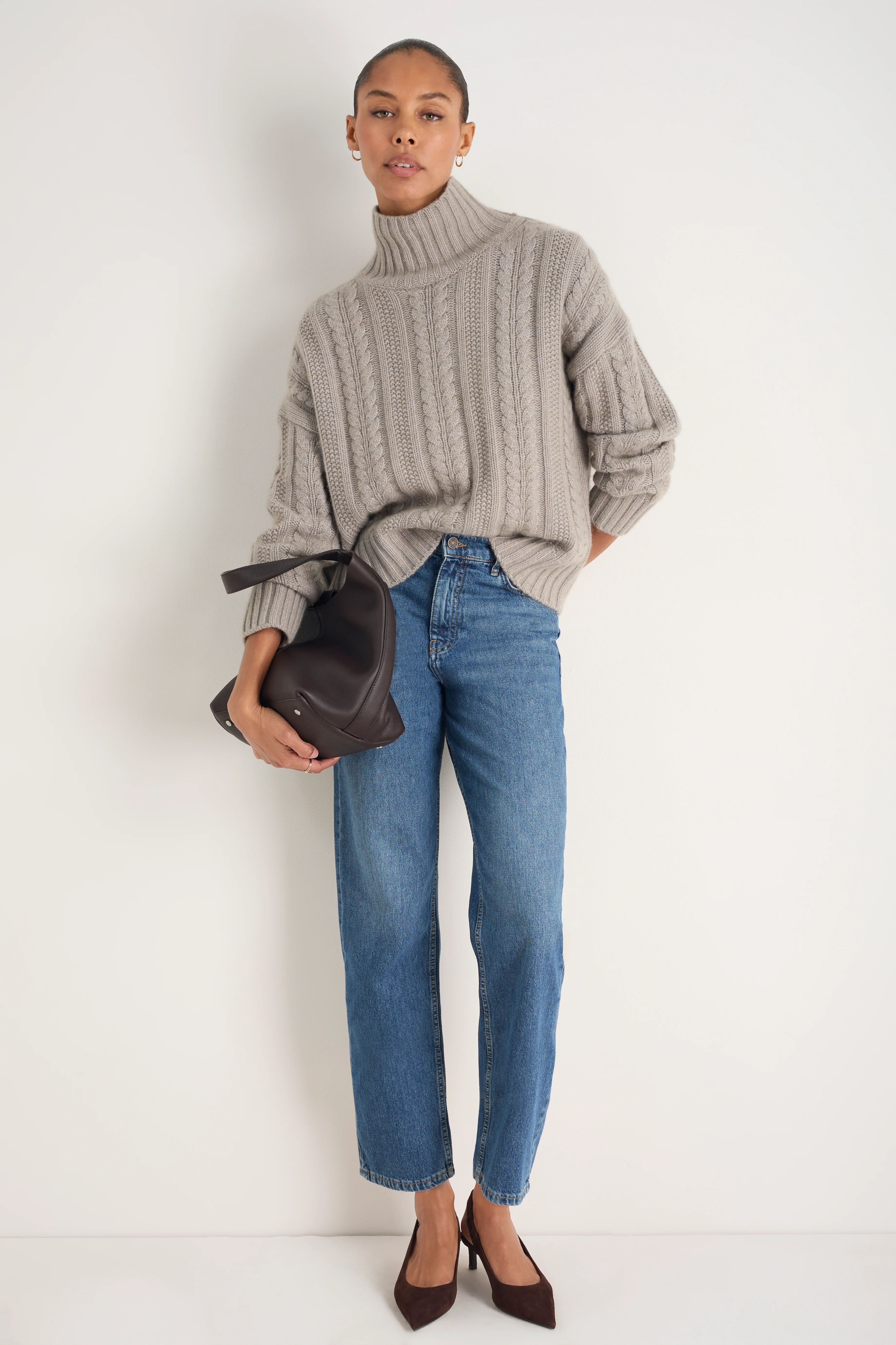 Liana Chunky Funnel Neck Jumper - Taupe Cable - Image 3