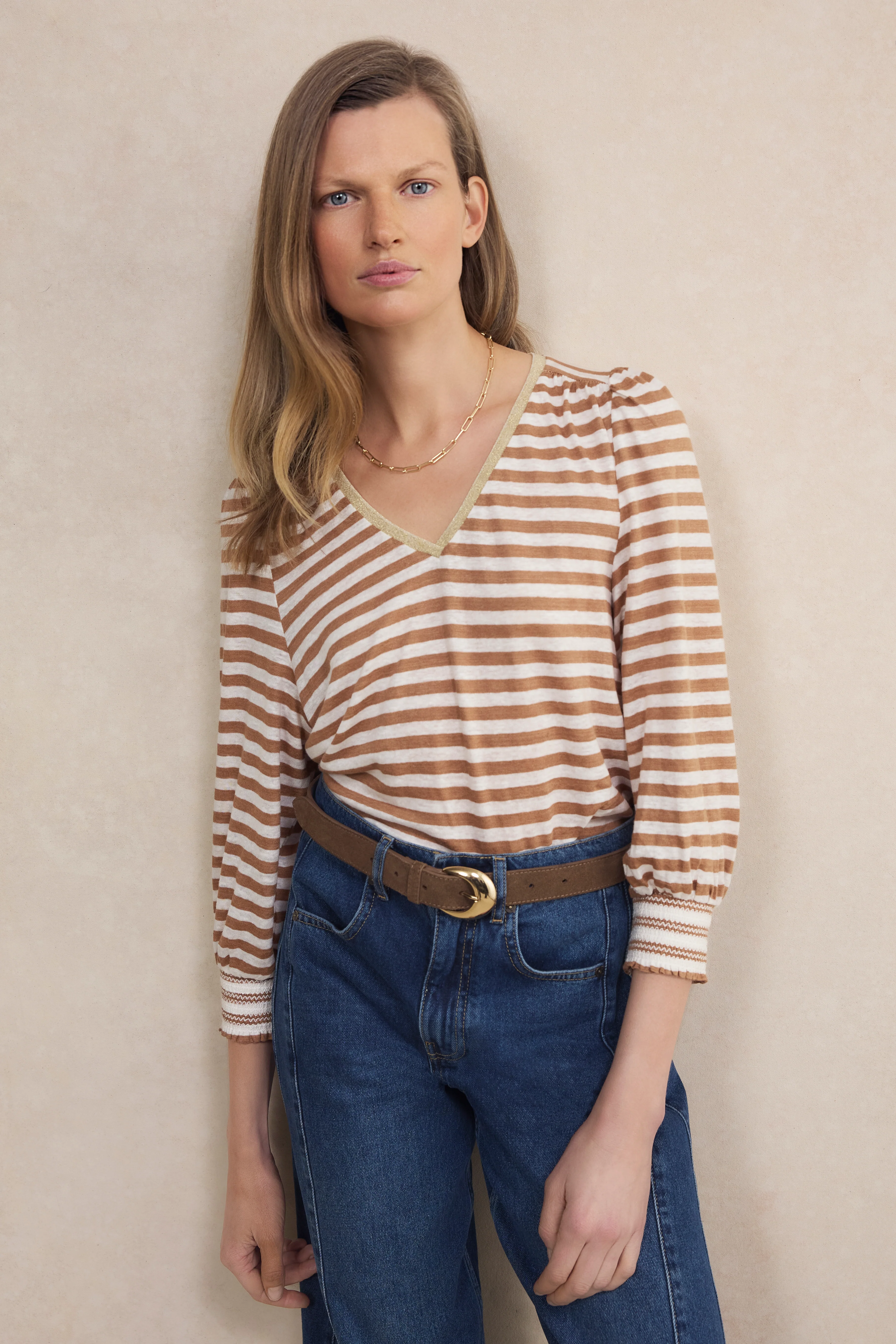 Lily Linen 3/4 V-Neck Top - Brown/Ivory Stripe